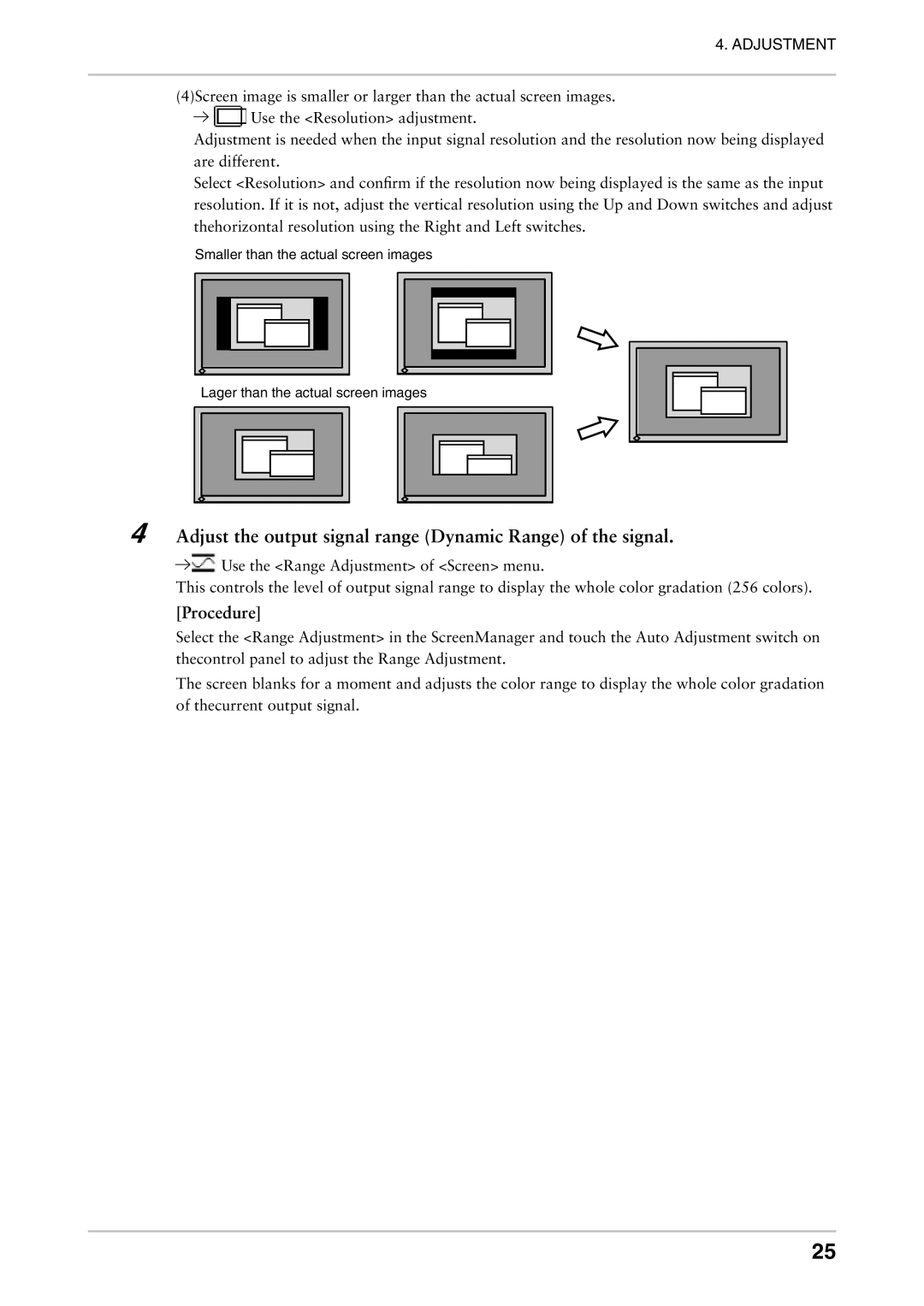 Eizo CE210W, CE240W user manual Adjust the output signal range Dynamic Range of the signal, Procedure 