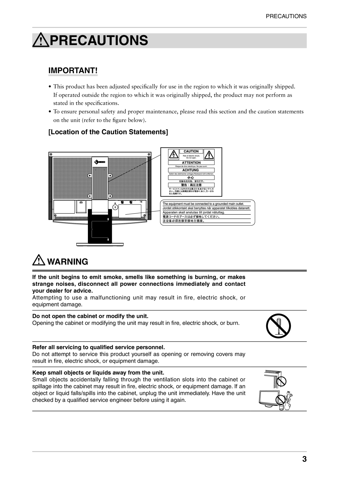 Eizo CE210W, CE240W user manual Precautions, Location of the Caution Statements, Do not open the cabinet or modify the unit 