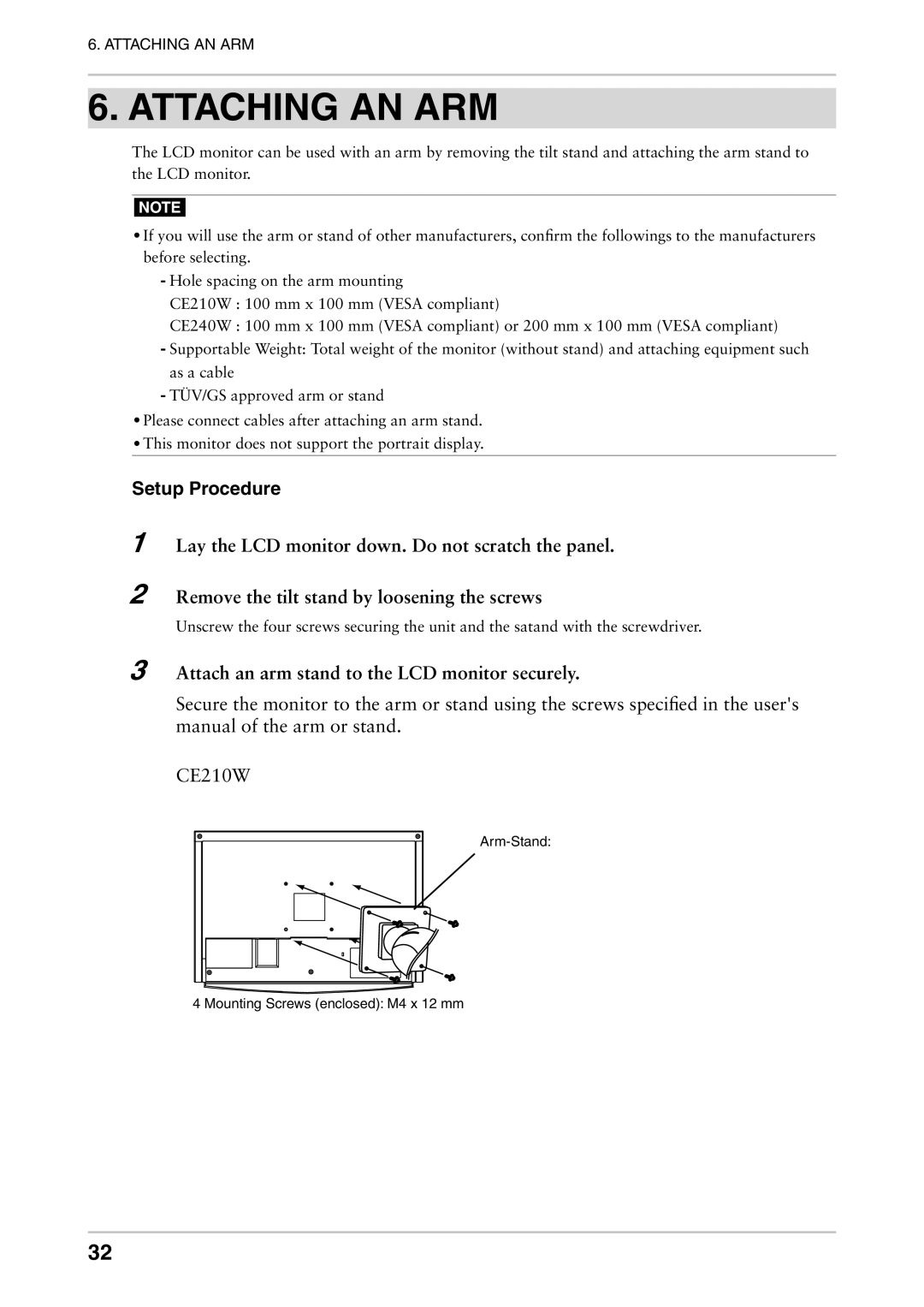 Eizo CE240W, CE210W user manual Attaching AN ARM, Attach an arm stand to the LCD monitor securely 