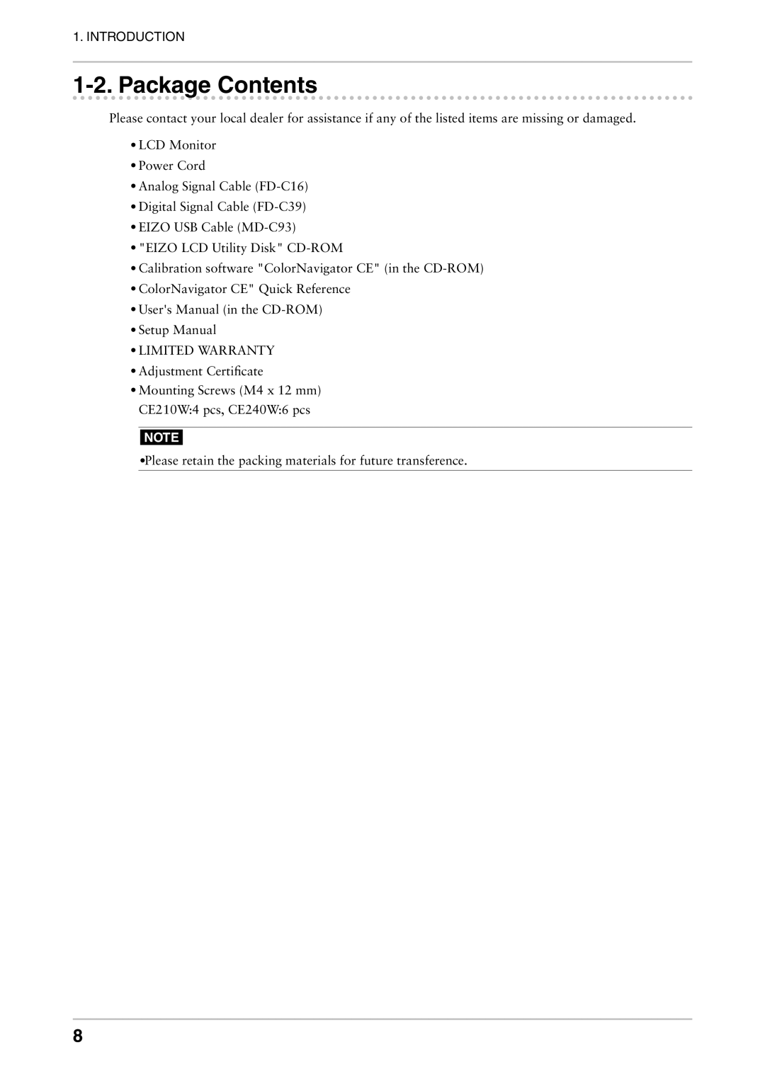 Eizo CE240W, CE210W user manual Package Contents 