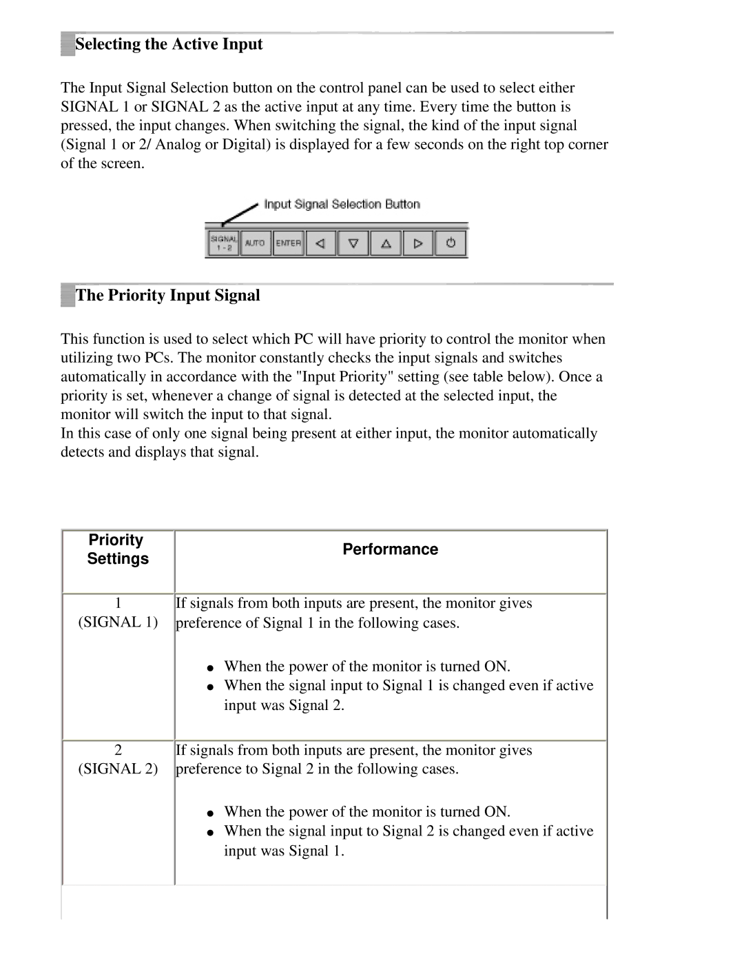 Eizo CG211 manual Selecting the Active Input, Priority Input Signal 