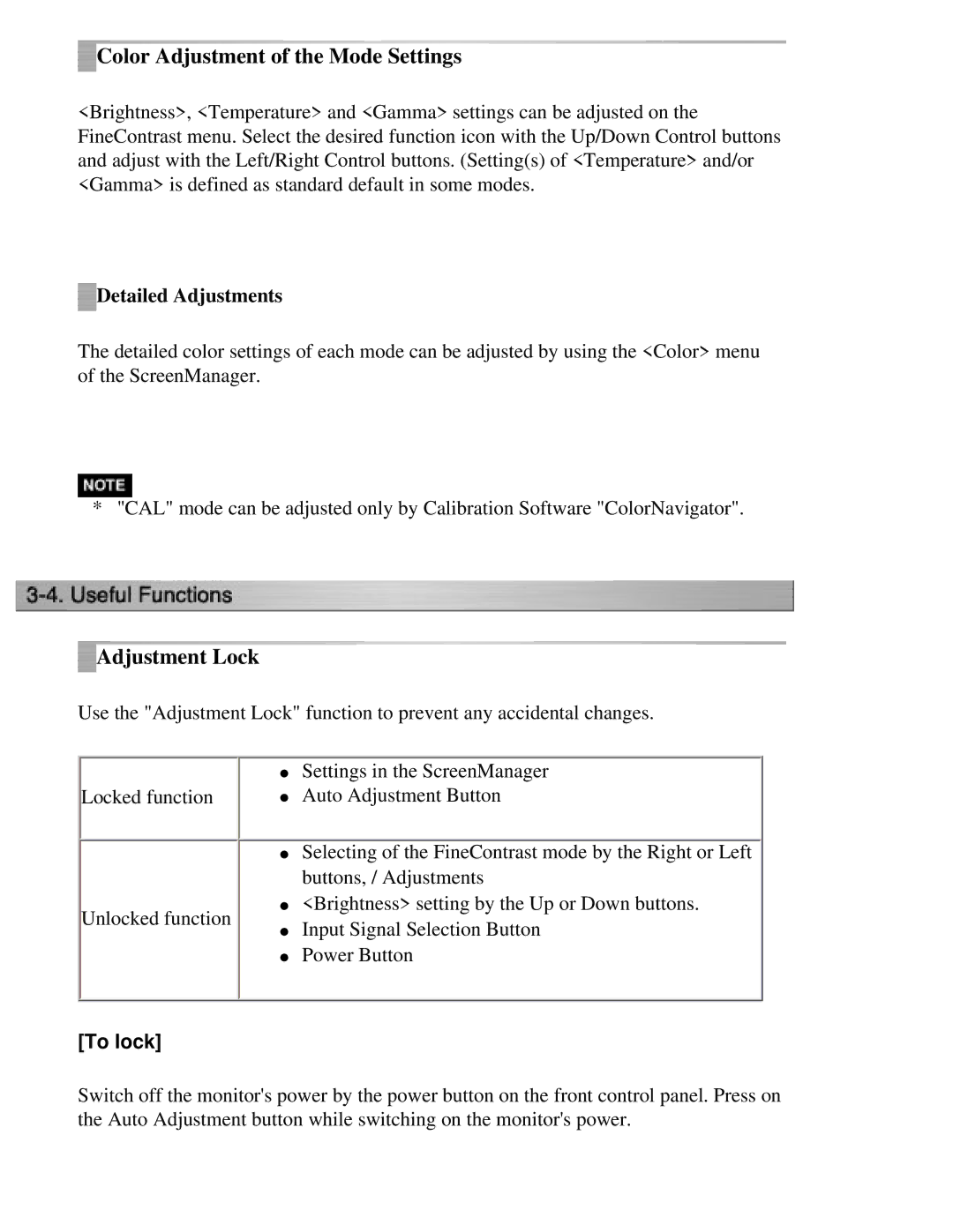 Eizo CG211 manual Color Adjustment of the Mode Settings, Adjustment Lock, Detailed Adjustments 