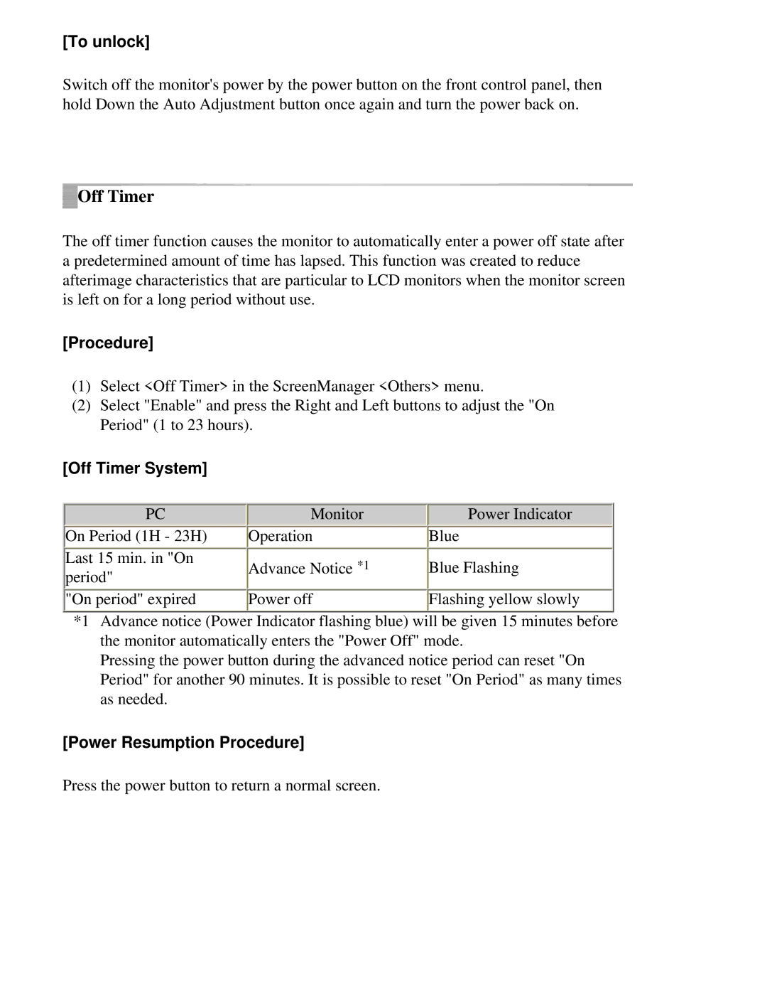 Eizo CG211 manual Off Timer, To unlock 