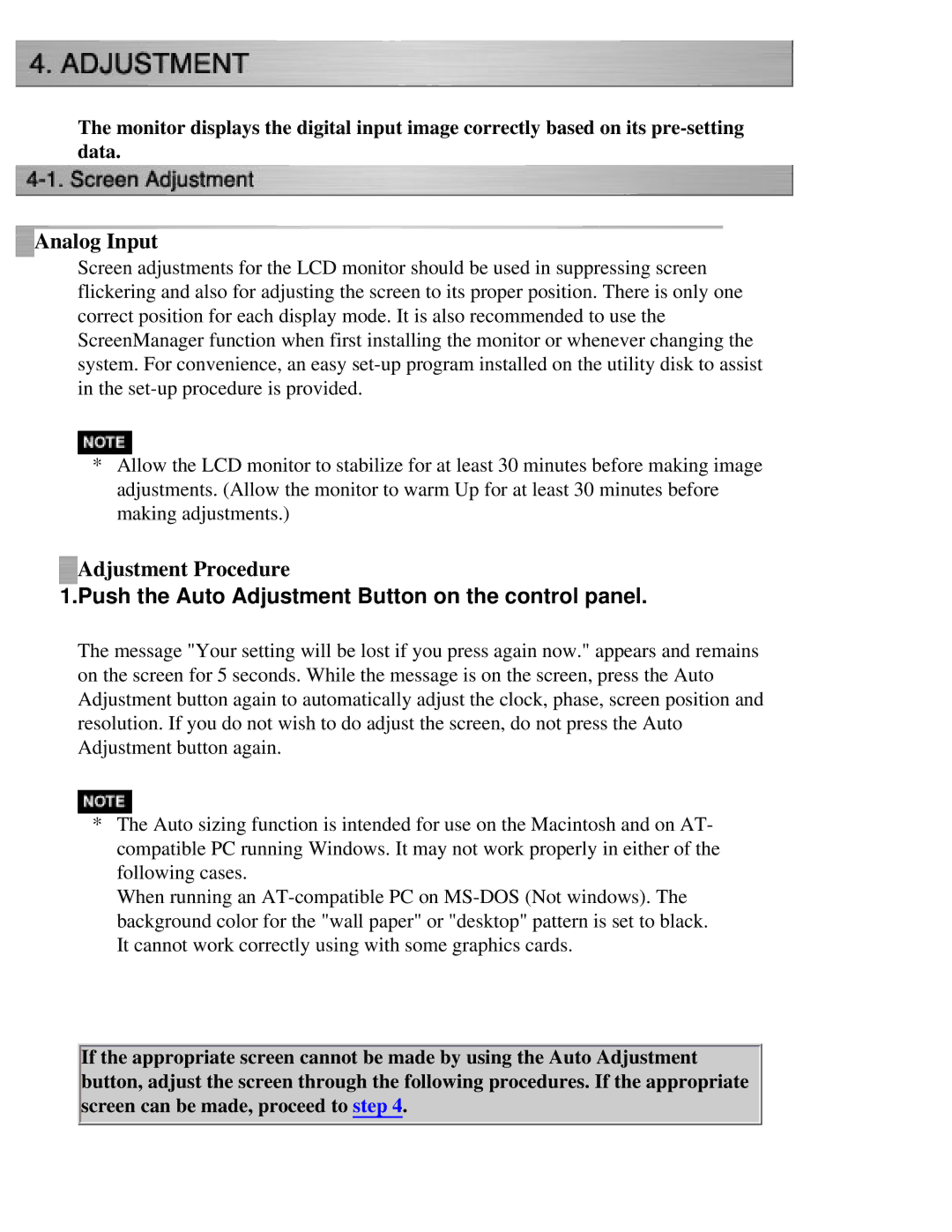 Eizo CG211 manual Adjustment Procedure, Push the Auto Adjustment Button on the control panel 