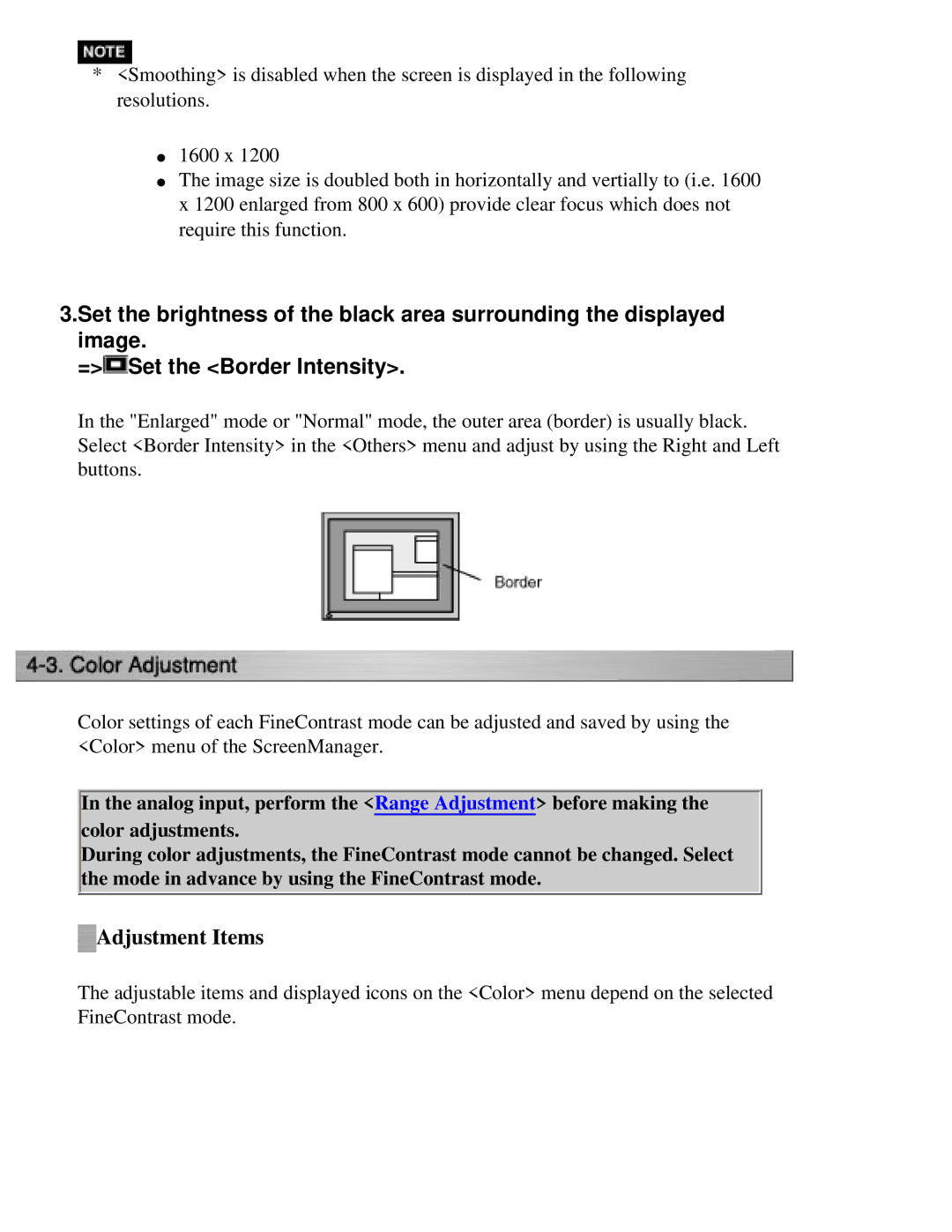 Eizo CG211 manual Adjustment Items 