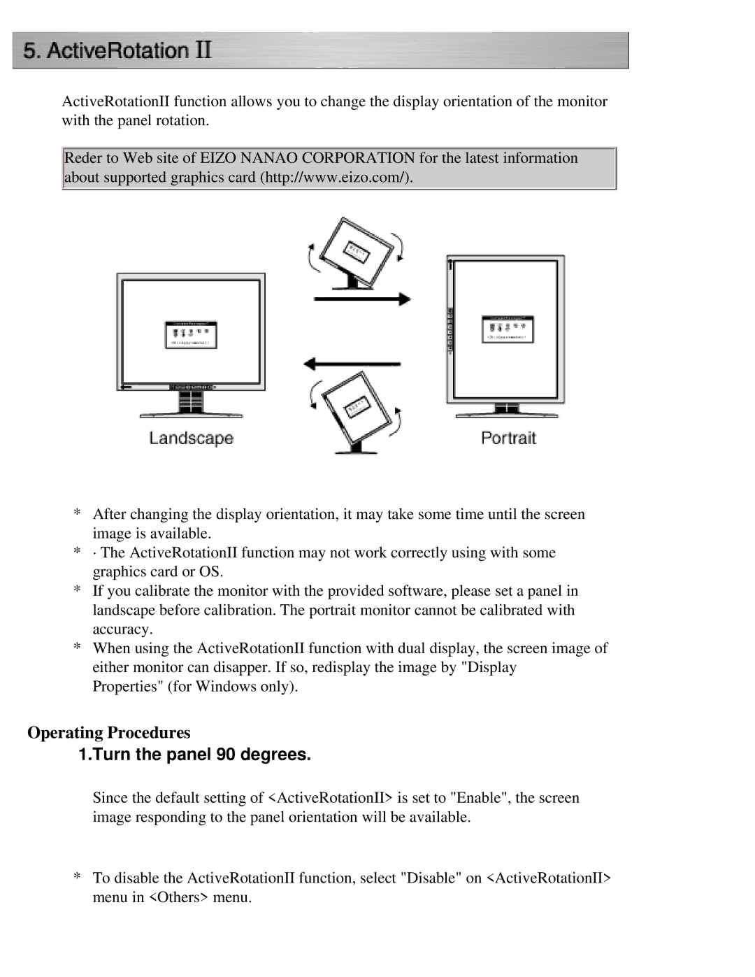 Eizo CG211 manual Operating Procedures, Turn the panel 90 degrees 