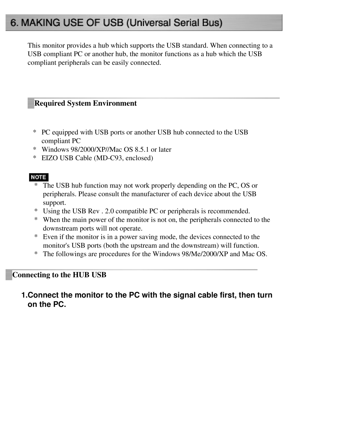 Eizo CG211 manual Required System Environment, Connecting to the HUB USB 