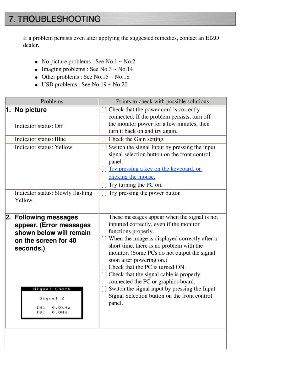 Eizo CG211 manual No picture, Try pressing a key on the keyboard, or clicking the mouse 