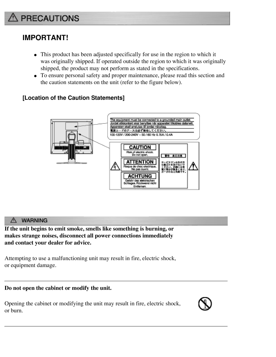 Eizo CG211 manual Location of the Caution Statements, Do not open the cabinet or modify the unit 