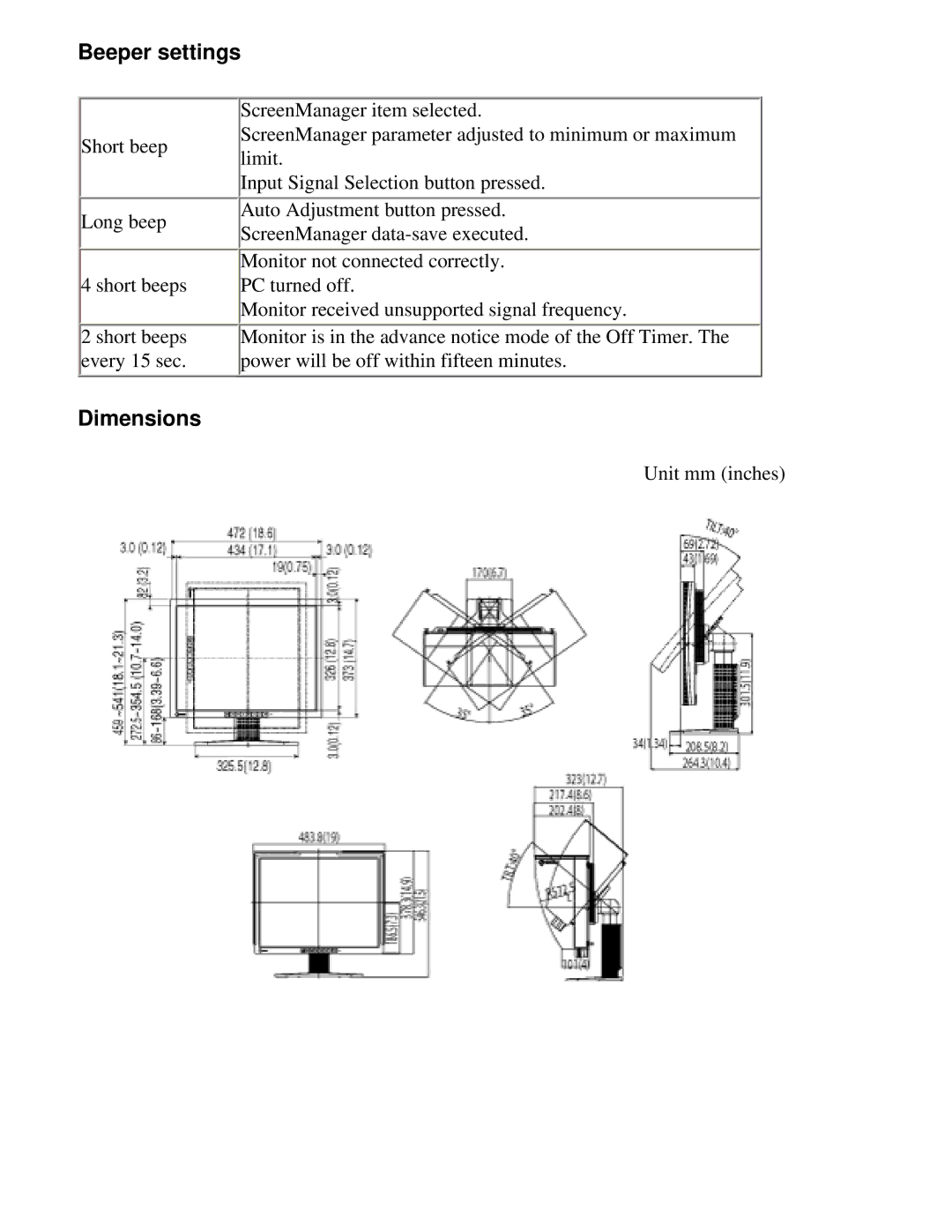 Eizo CG211 manual Beeper settings, Dimensions 