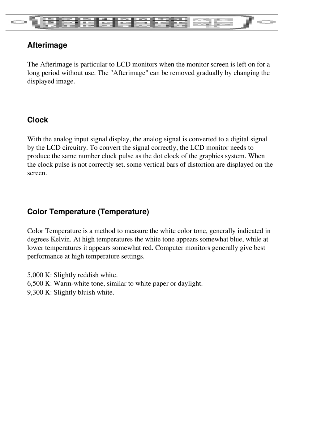 Eizo CG211 manual Afterimage, Clock, Color Temperature Temperature 