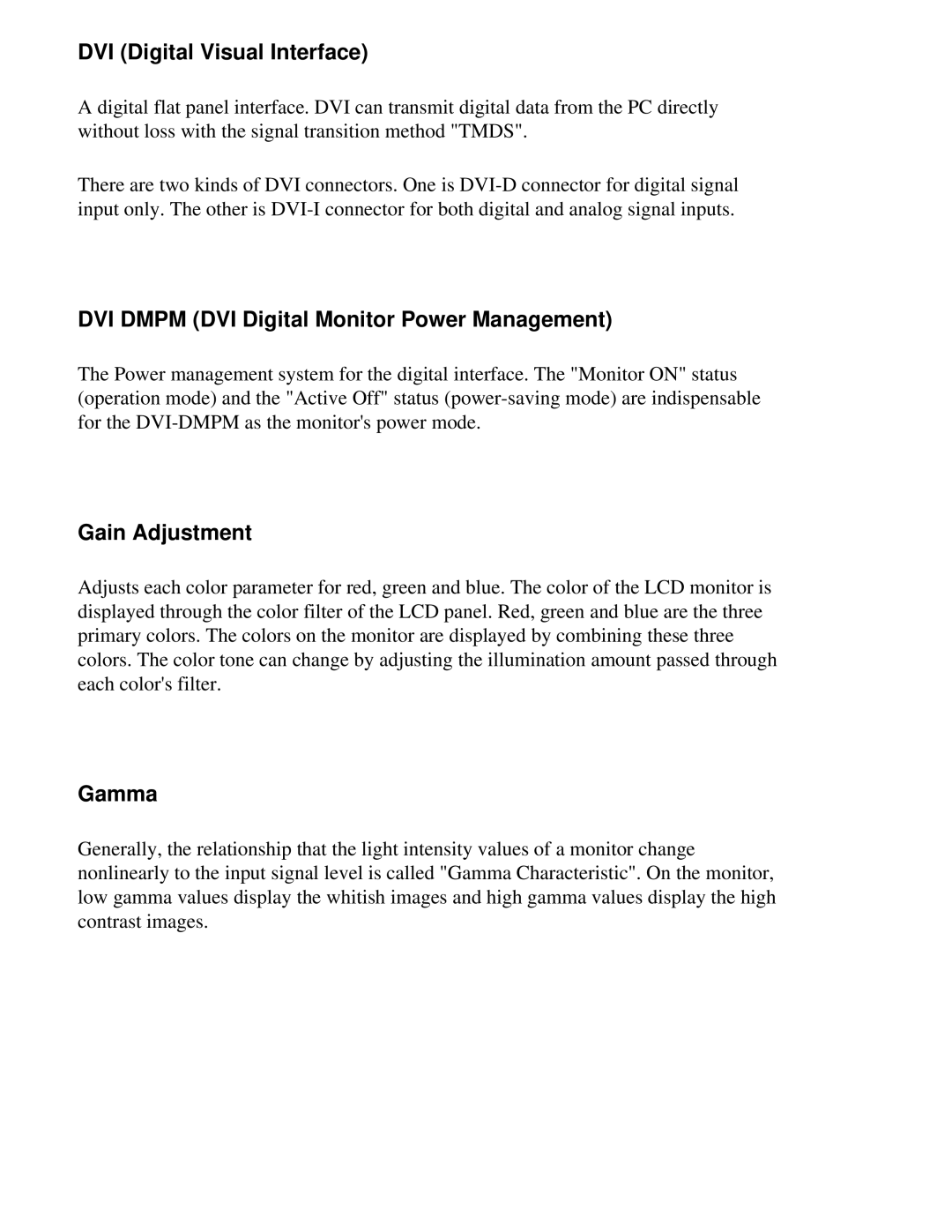 Eizo CG211 manual DVI Digital Visual Interface, DVI Dmpm DVI Digital Monitor Power Management, Gain Adjustment, Gamma 