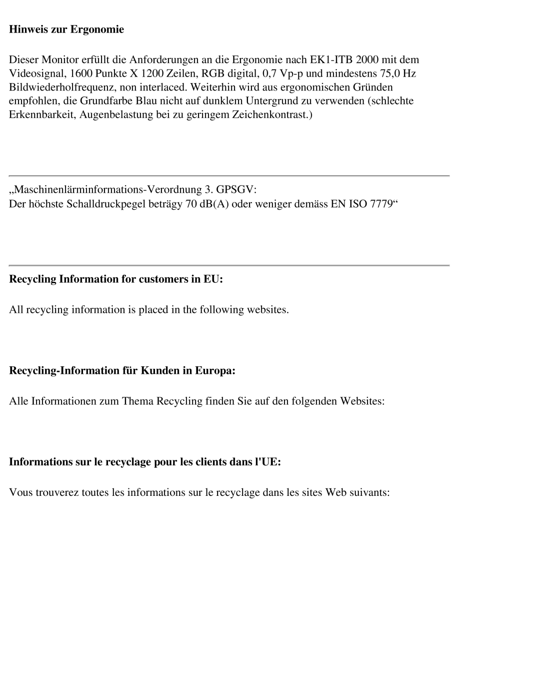 Eizo CG211 Hinweis zur Ergonomie, Recycling Information for customers in EU, Recycling-Information für Kunden in Europa 