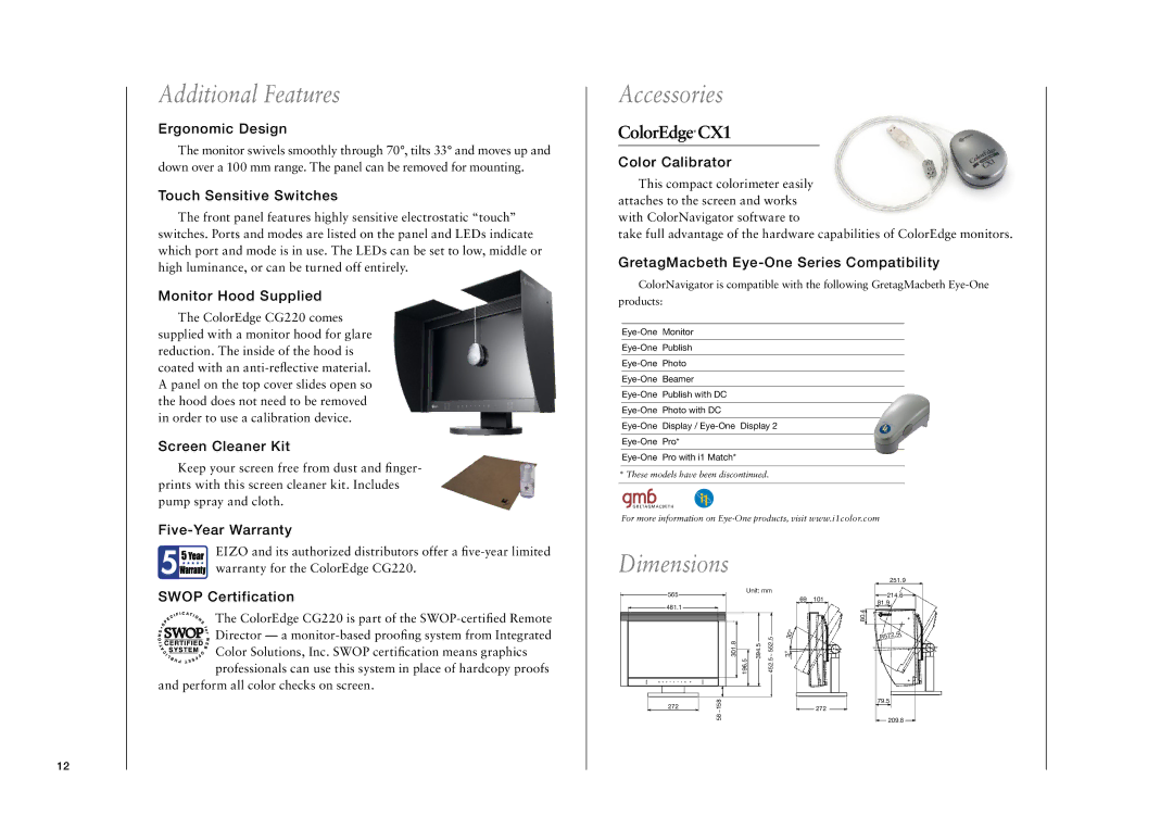 Eizo CG220 manual Additional Features, Accessories 