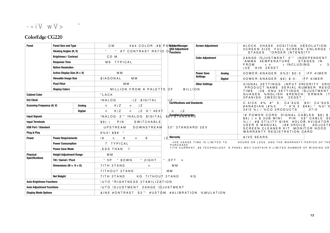 Eizo CG220 manual Speciﬁcations 