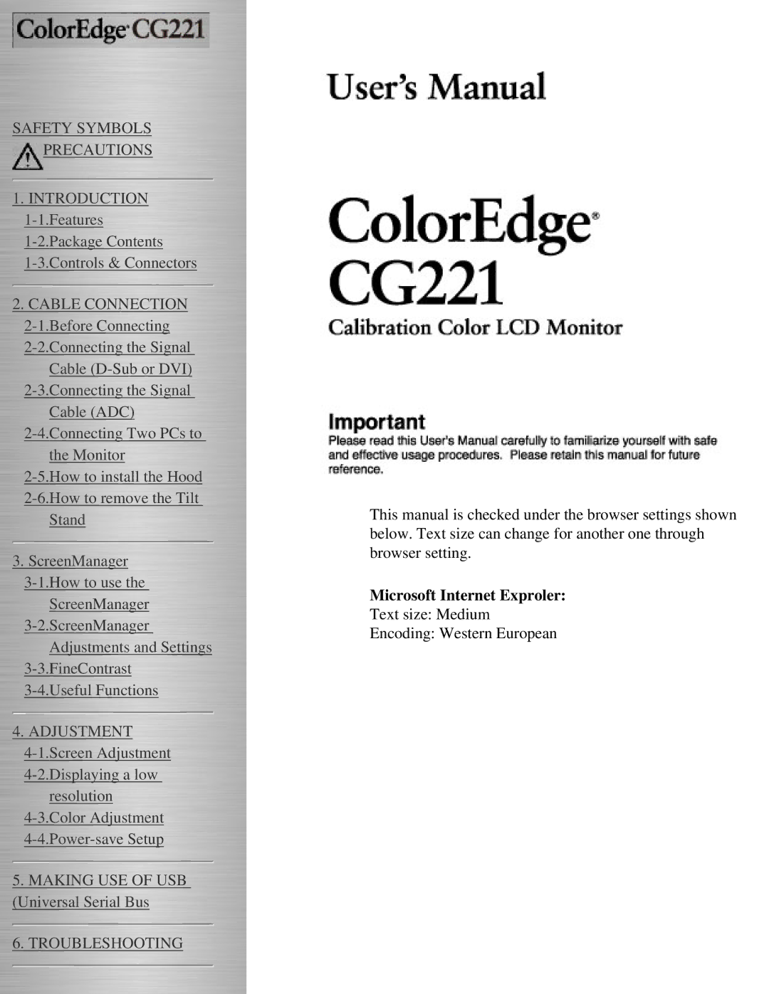 Eizo CG221 manual Safety Symbols Precautions, Microsoft Internet Exproler 