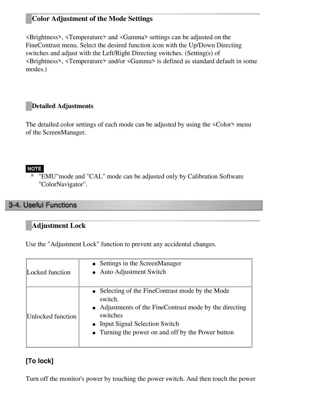 Eizo CG221 manual Color Adjustment of the Mode Settings, Adjustment Lock, Detailed Adjustments, To lock 