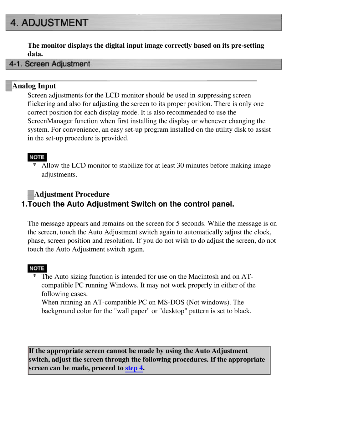 Eizo CG221 manual Adjustment Procedure, Touch the Auto Adjustment Switch on the control panel 