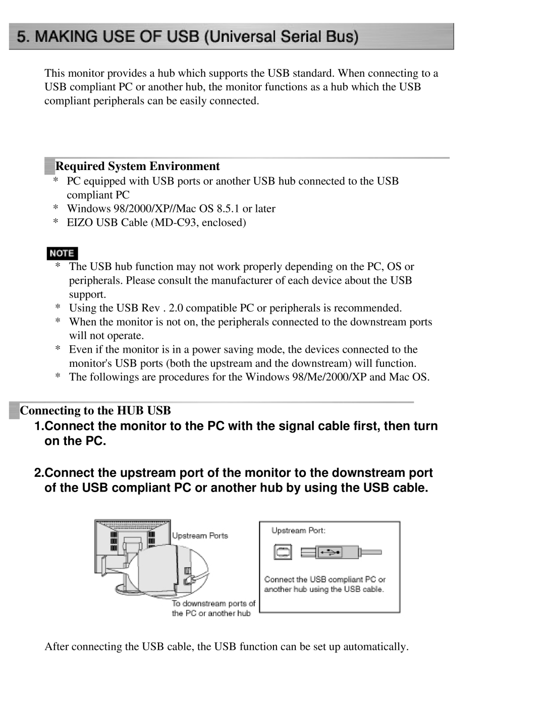 Eizo CG221 manual Required System Environment, Connecting to the HUB USB 