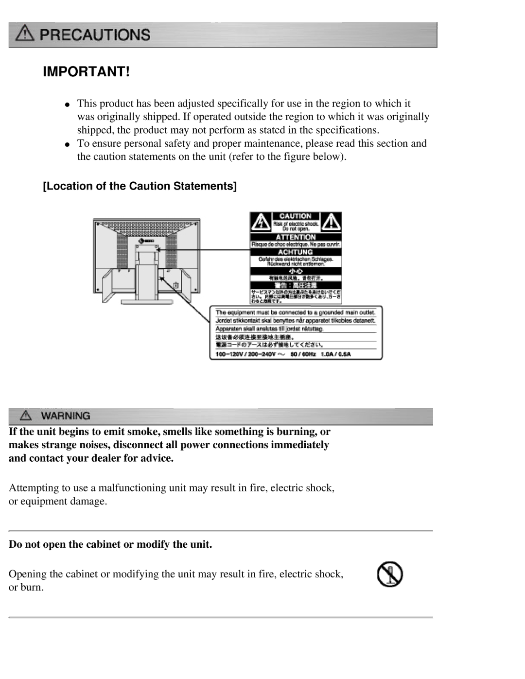 Eizo CG221 manual Location of the Caution Statements, Do not open the cabinet or modify the unit 