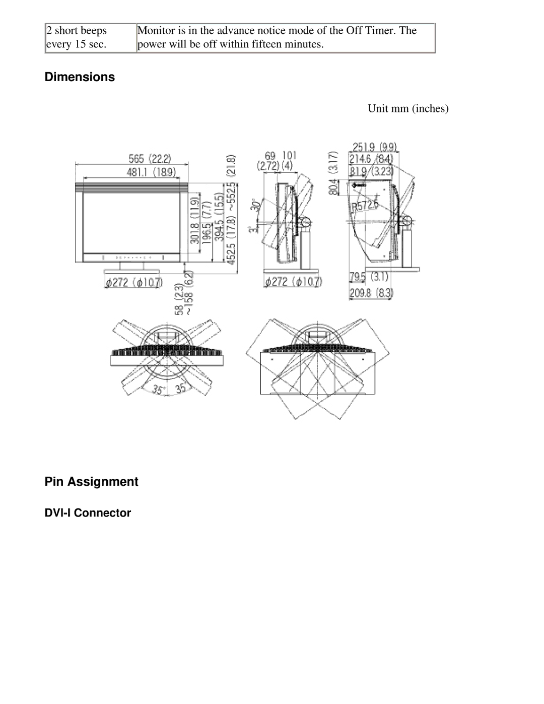 Eizo CG221 manual Dimensions, Pin Assignment, DVI-I Connector 