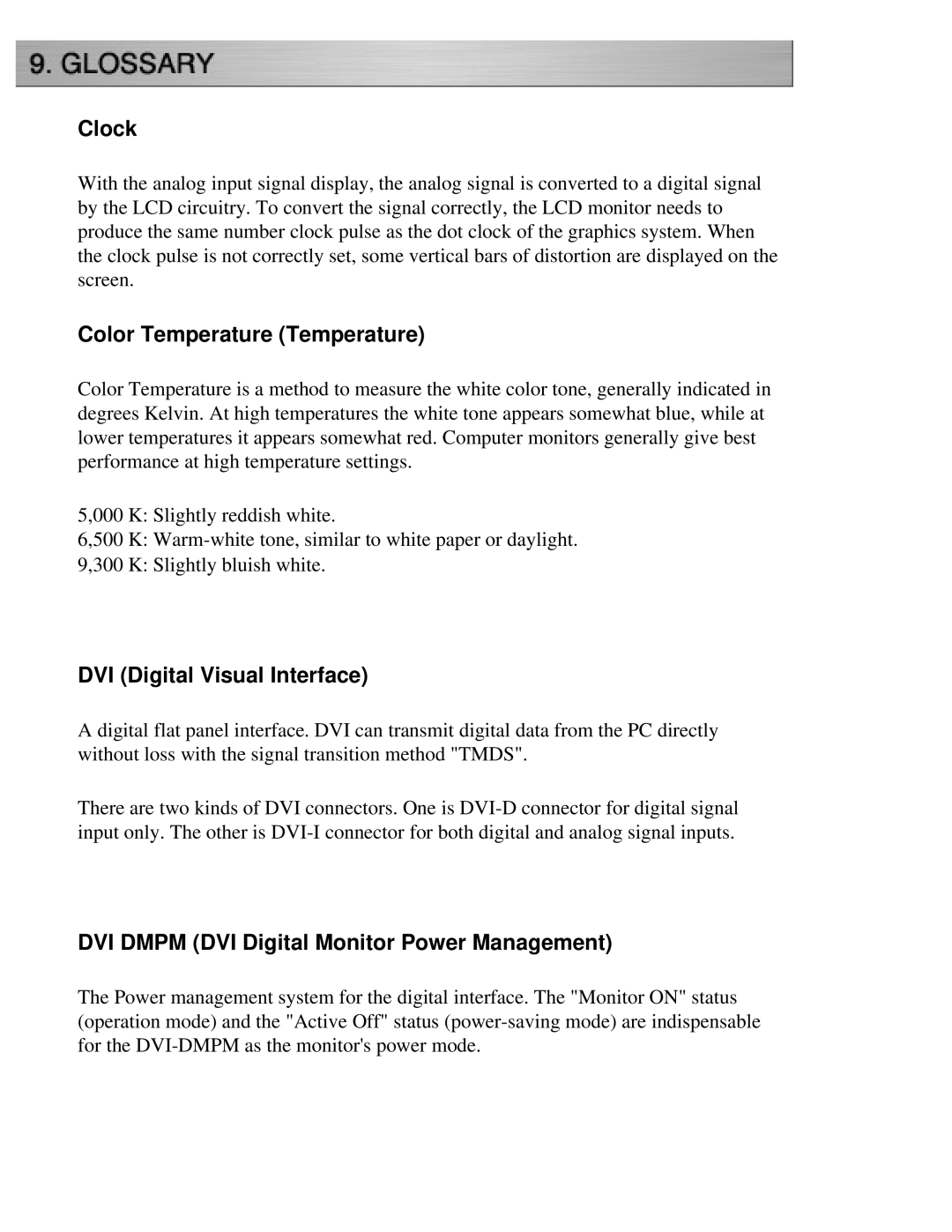 Eizo CG221 manual Clock, Color Temperature Temperature, DVI Digital Visual Interface 