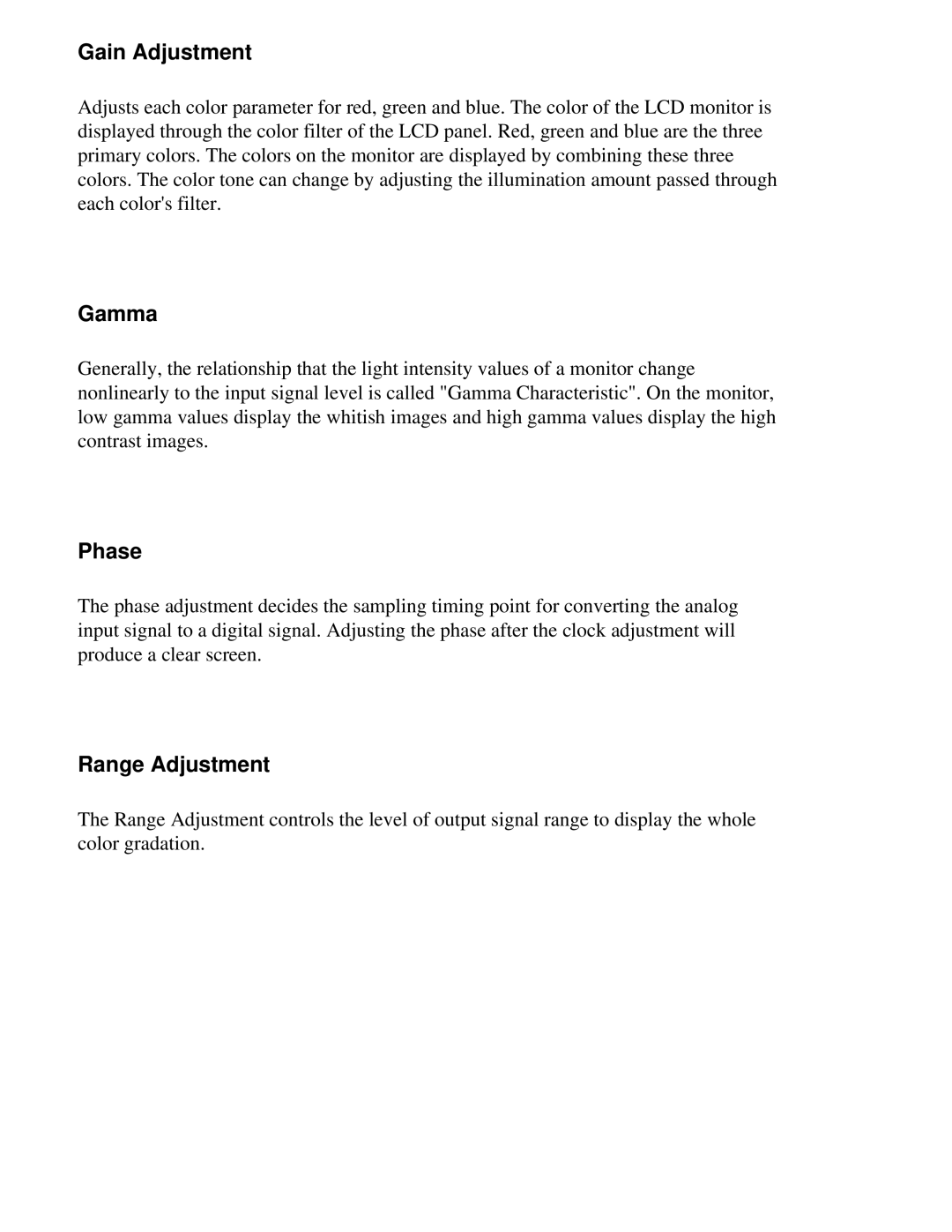 Eizo CG221 manual Gain Adjustment, Gamma, Phase, Range Adjustment 