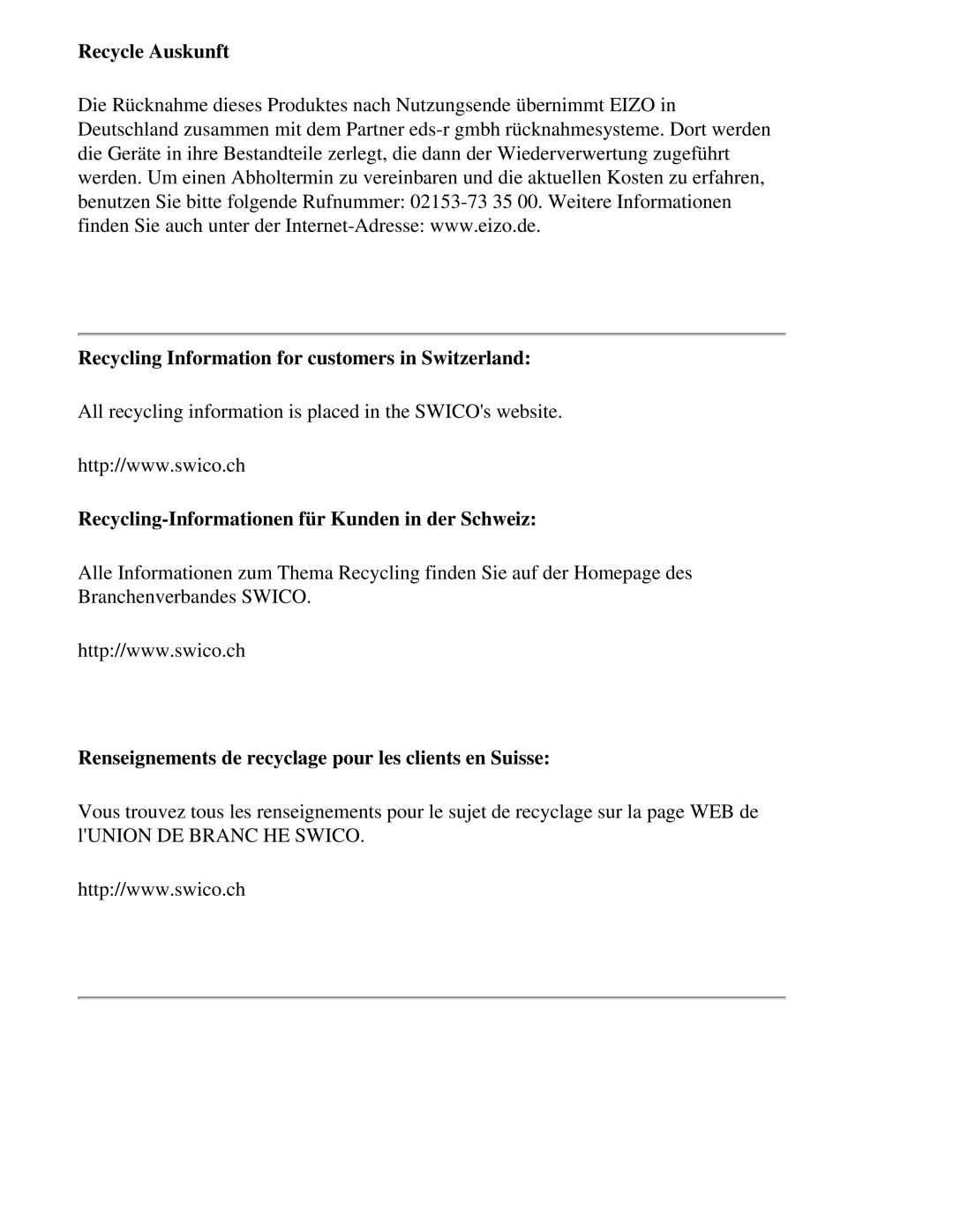 Eizo CG221 manual Recycling-Informationen für Kunden in der Schweiz, Renseignements de recyclage pour les clients en Suisse 