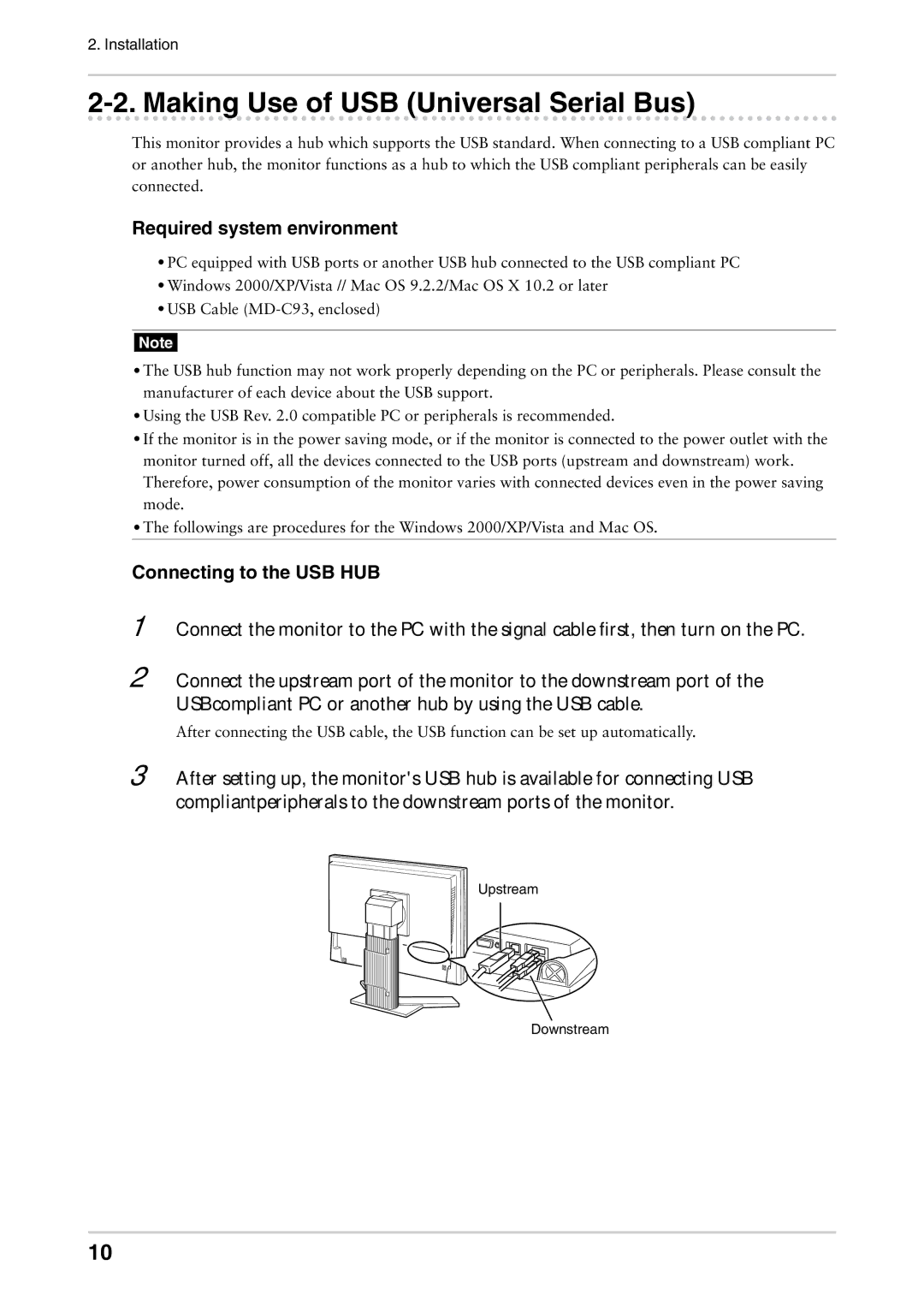 Eizo CG222W manual Making Use of USB Universal Serial Bus, Required system environment, Connecting to the USB HUB 