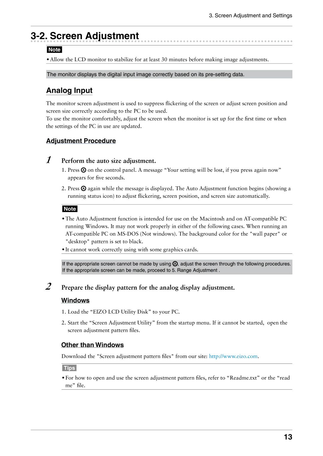 Eizo CG222W manual Screen Adjustment, Analog Input, Adjustment Procedure, Other than Windows 