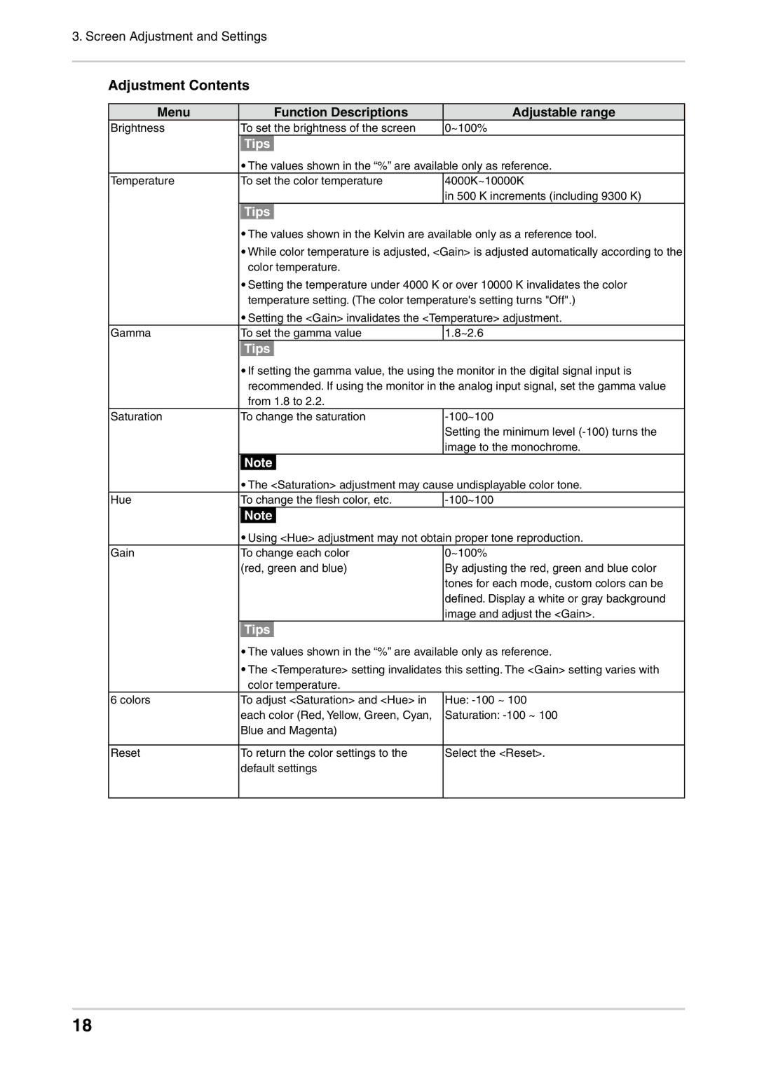 Eizo CG222W manual Adjustment Contents 