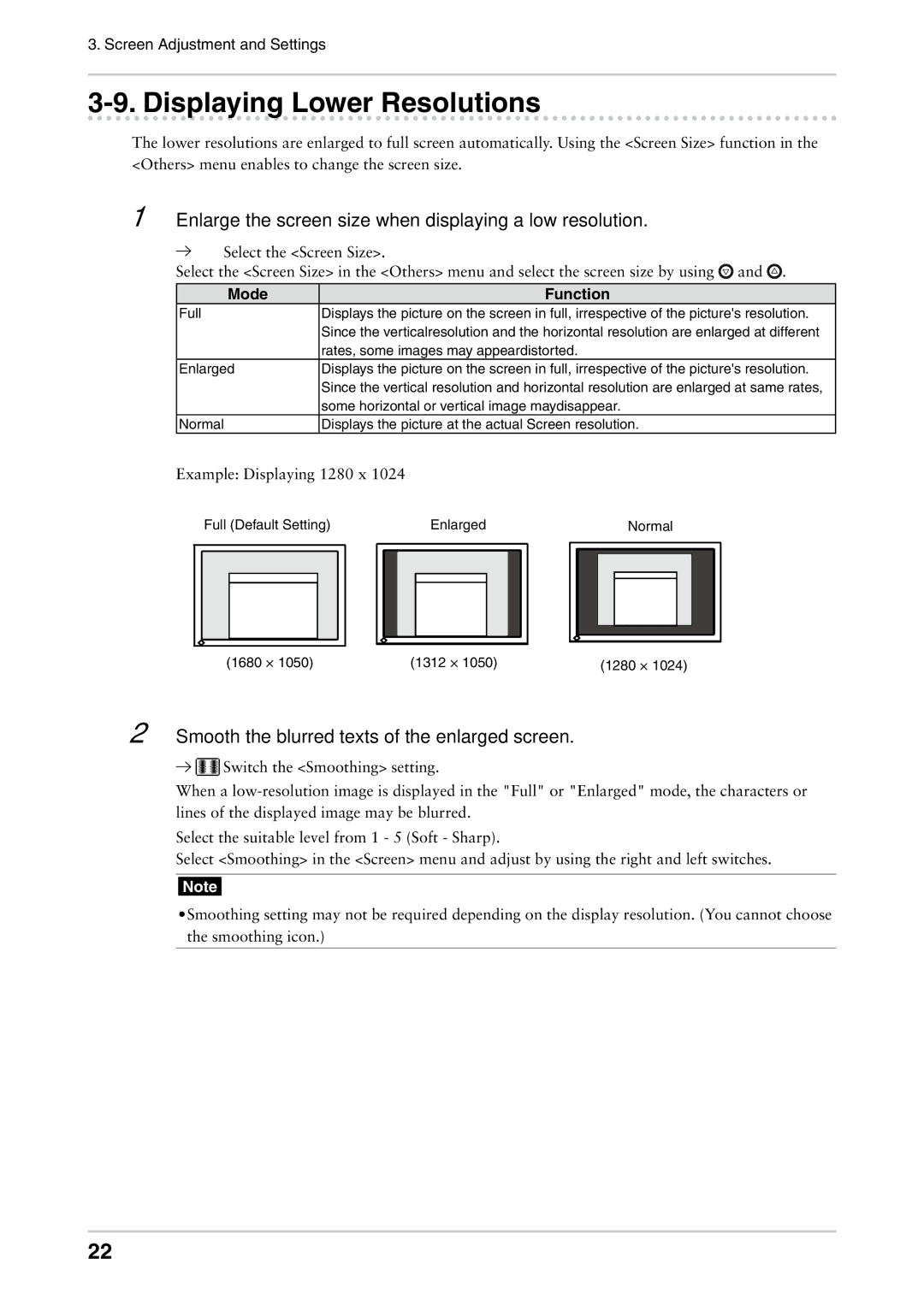 Eizo CG222W manual Displaying Lower Resolutions, Mode Function 