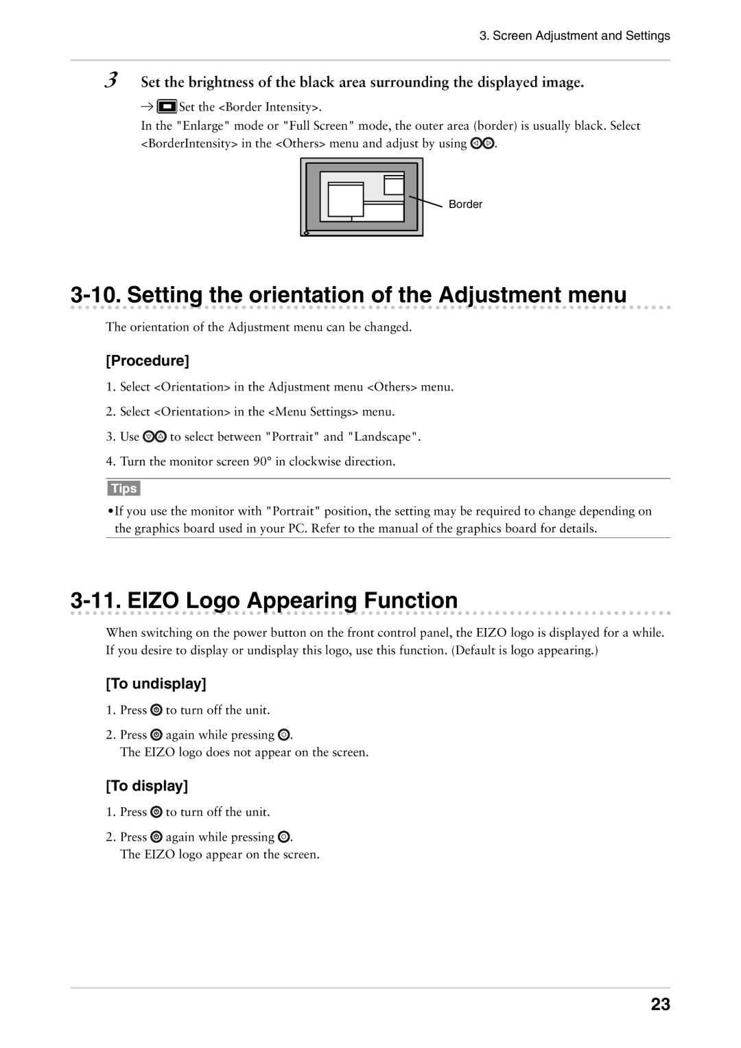 Eizo CG222W manual Setting the orientation of the Adjustment menu, Eizo Logo Appearing Function, To undisplay, To display 