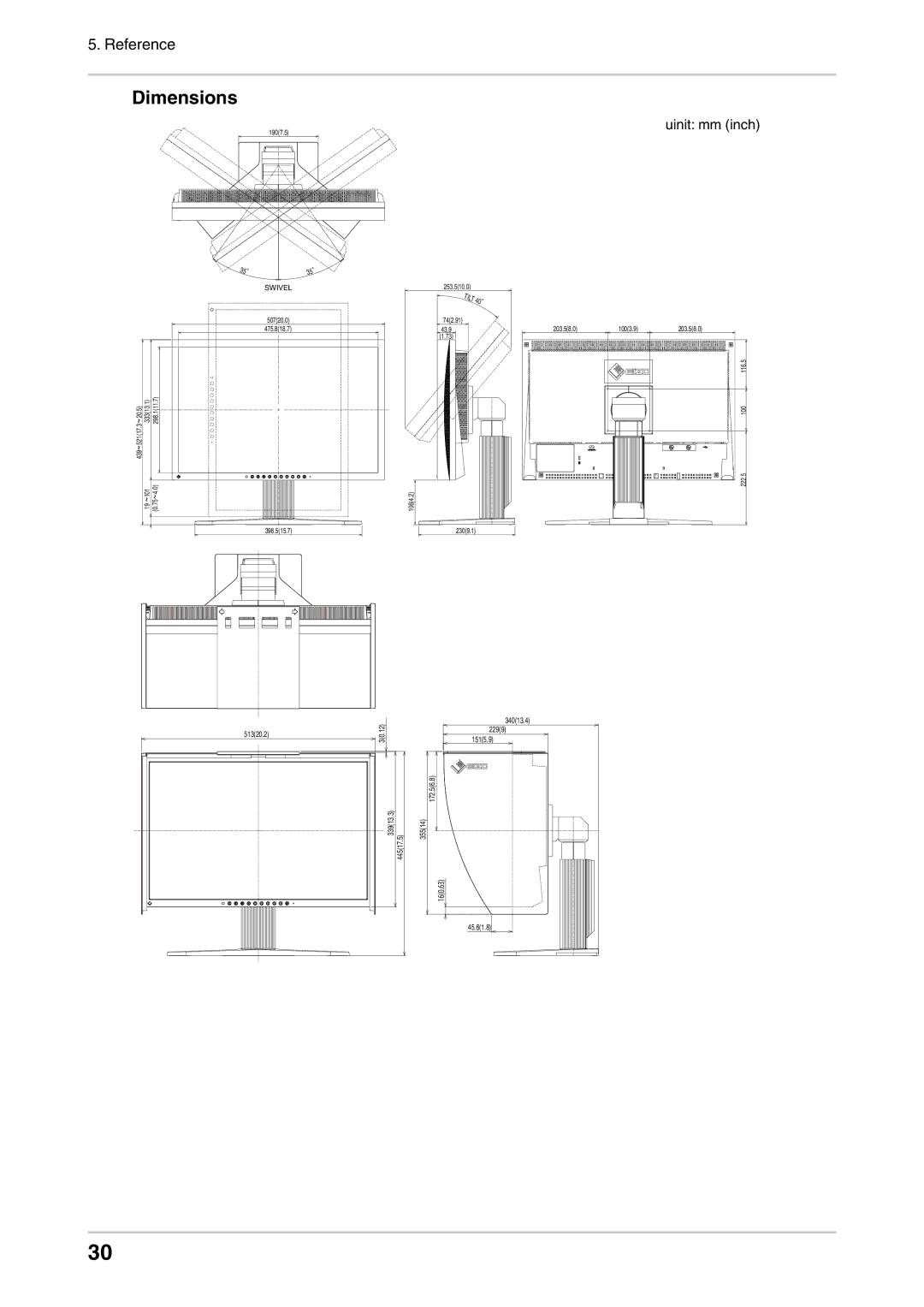 Eizo CG222W manual Dimensions, Uinit mm inch 