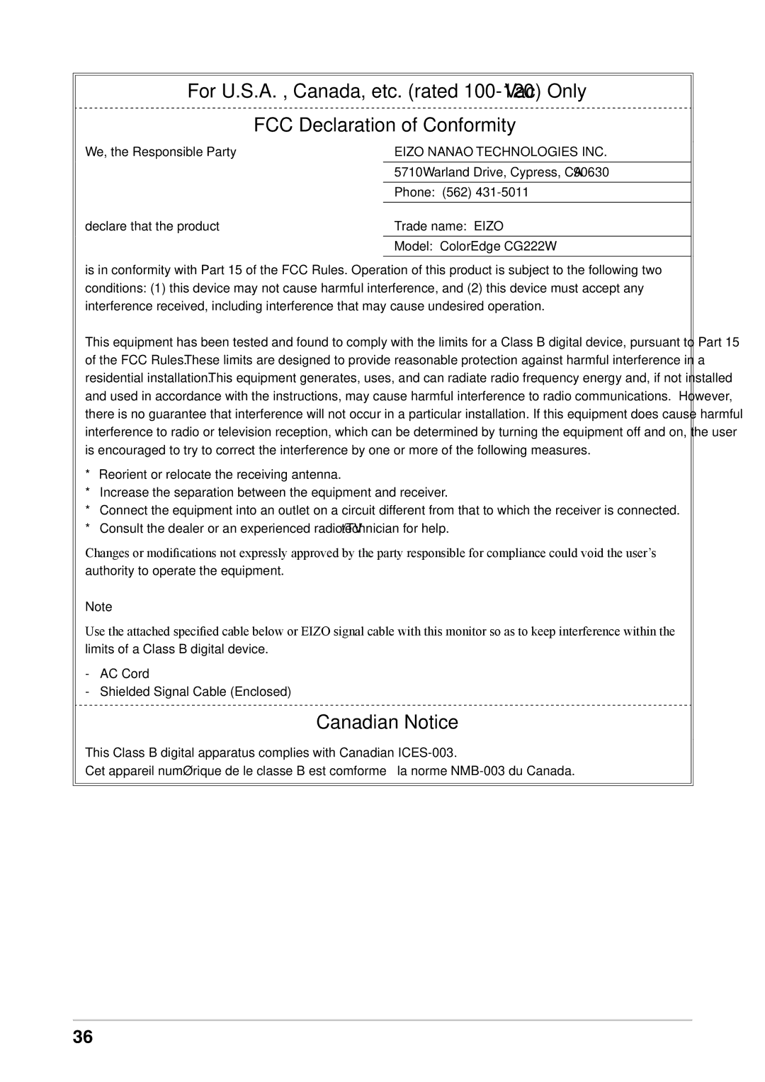 Eizo CG222W manual FCC Declaration of Conformity 