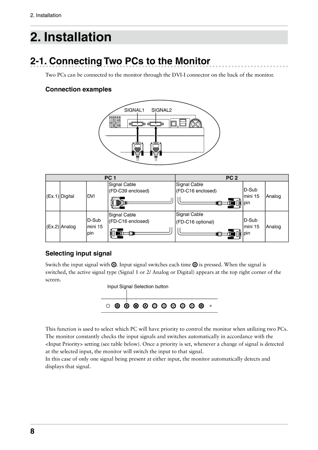 Eizo CG222W manual Connecting Two PCs to the Monitor, Connection examples, Selecting input signal 