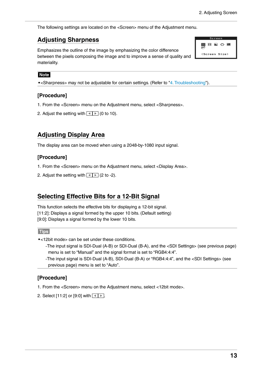 Eizo CG232W manual Adjusting Sharpness, Adjusting Display Area, Selecting Effective Bits for a 12-Bit Signal 
