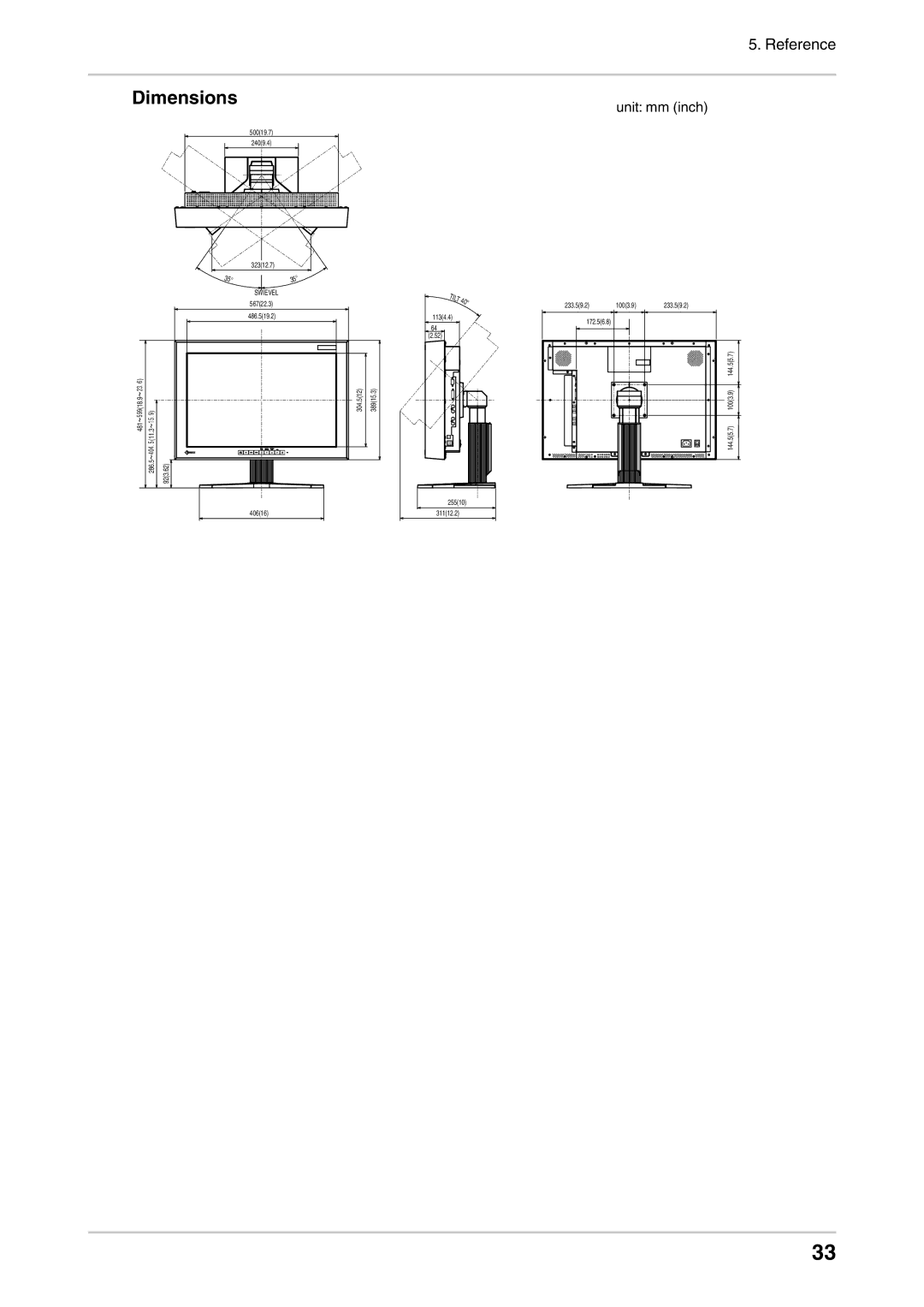 Eizo CG232W manual Dimensions, Unit mm inch 