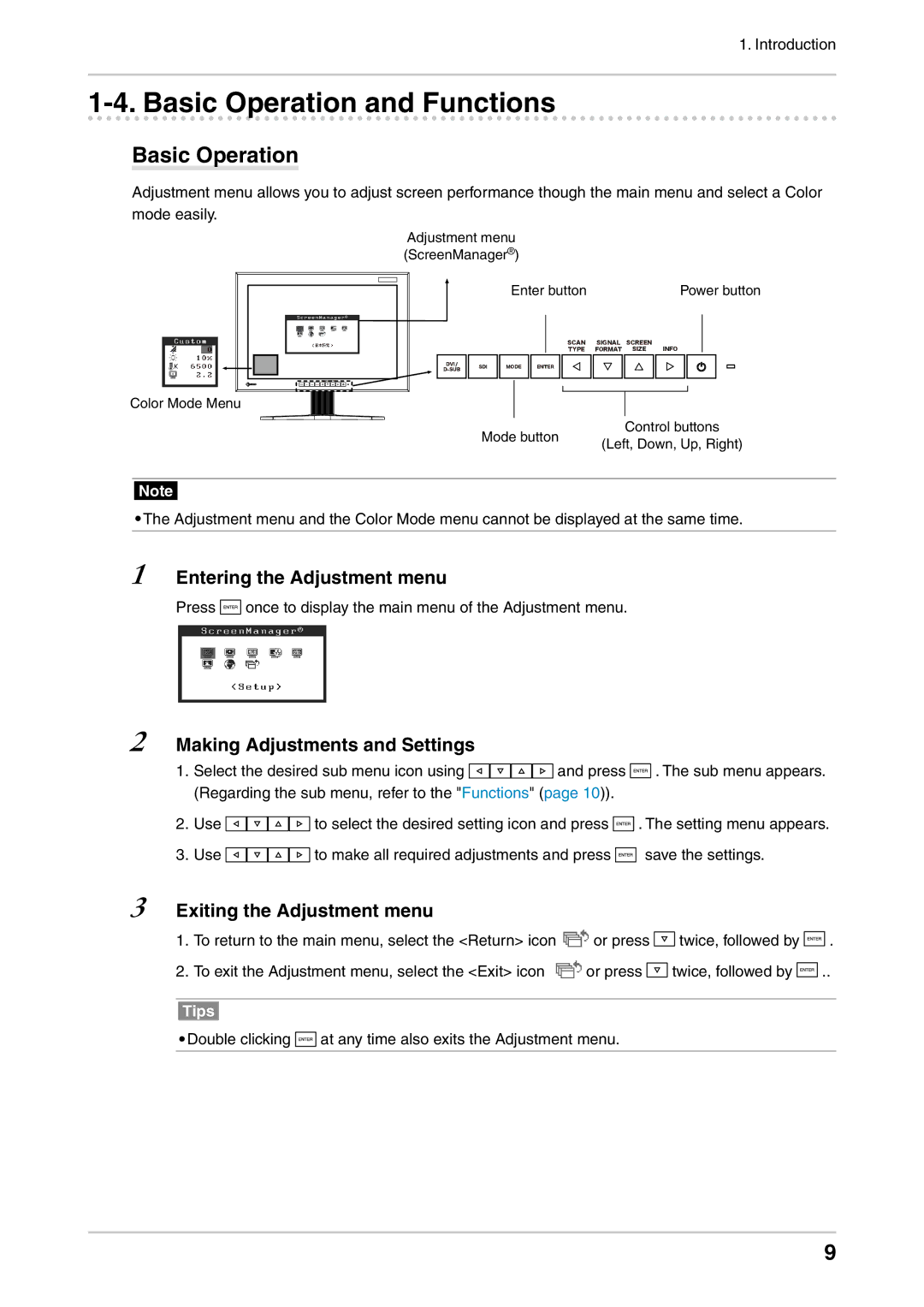 Eizo CG232W manual Basic Operation and Functions, Entering the Adjustment menu, Making Adjustments and Settings 