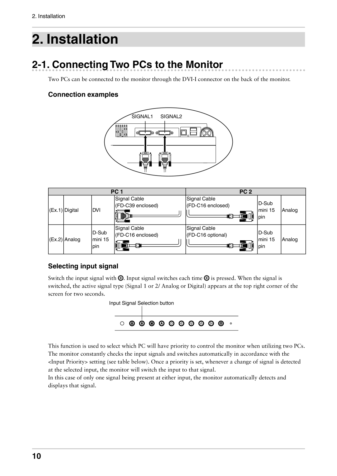 Eizo CG241W manual Connecting Two PCs to the Monitor, Connection examples, Selecting input signal 