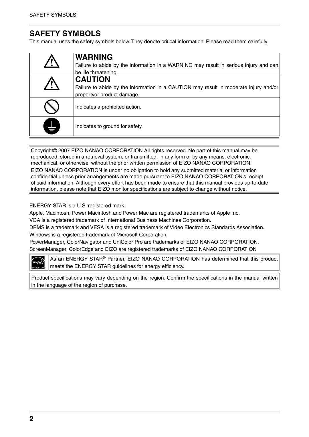 Eizo CG241W manual Safety Symbols 