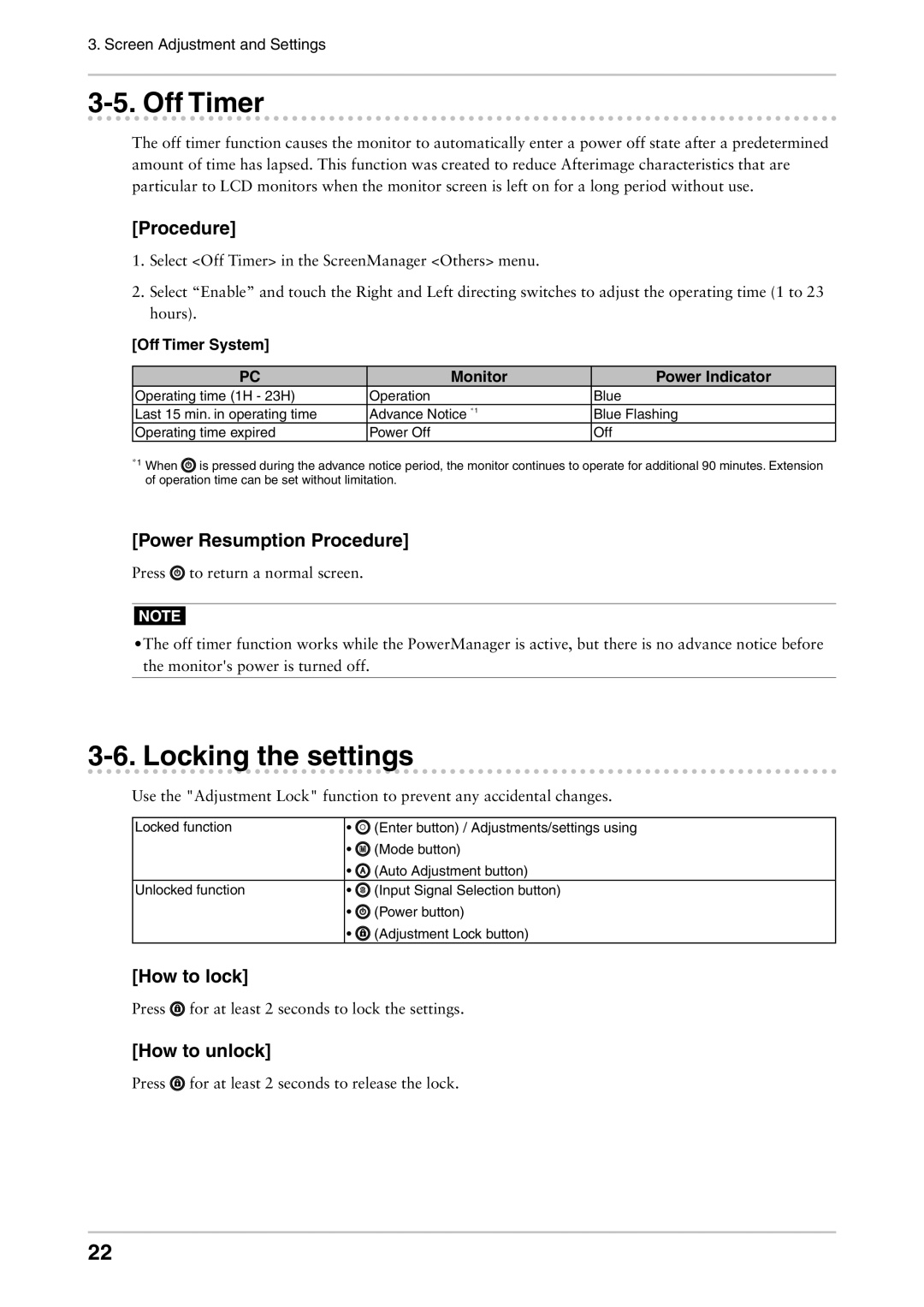 Eizo CG241W manual Locking the settings, How to lock, How to unlock, Off Timer System Monitor Power Indicator 