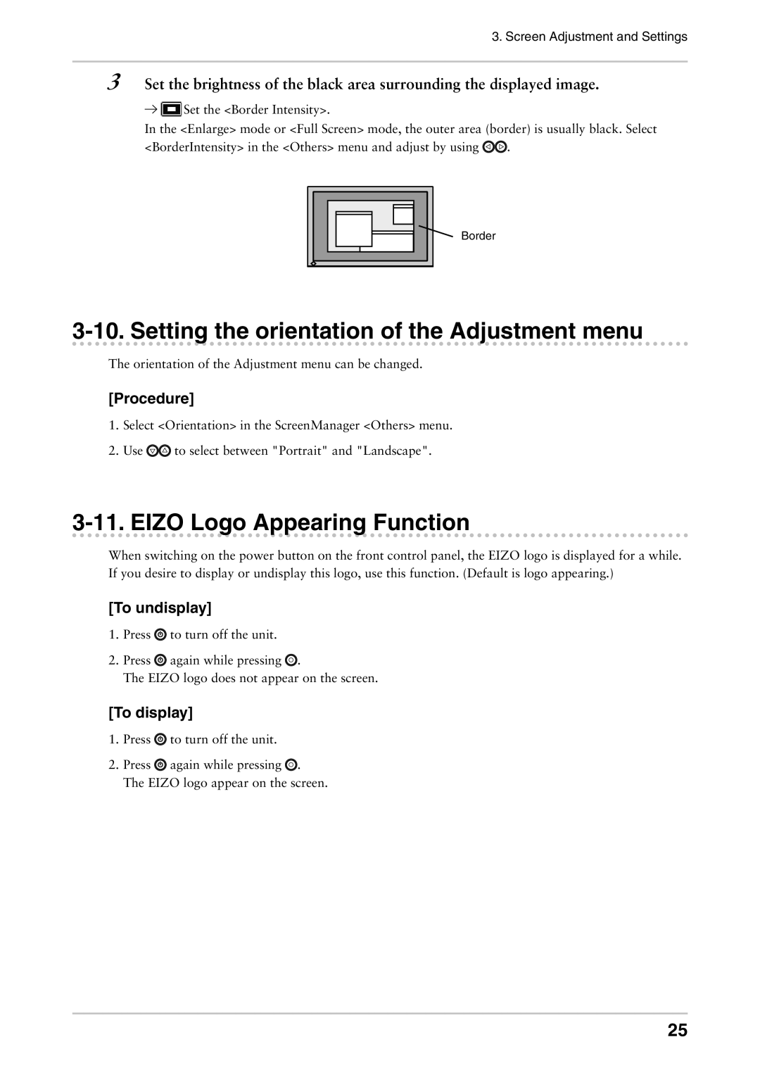 Eizo CG241W manual Setting the orientation of the Adjustment menu, Eizo Logo Appearing Function, To undisplay, To display 