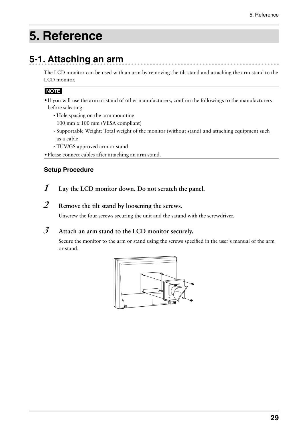 Eizo CG241W manual Attaching an arm, Attach an arm stand to the LCD monitor securely 