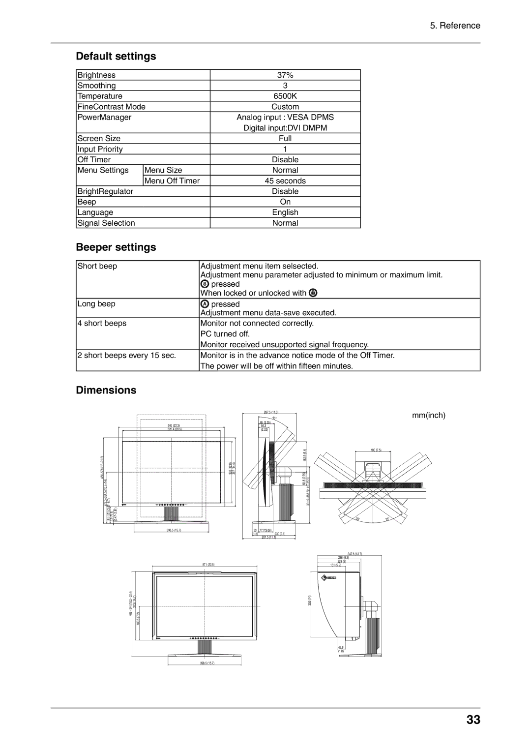 Eizo CG241W manual Default settings, Beeper settings, Dimensions 