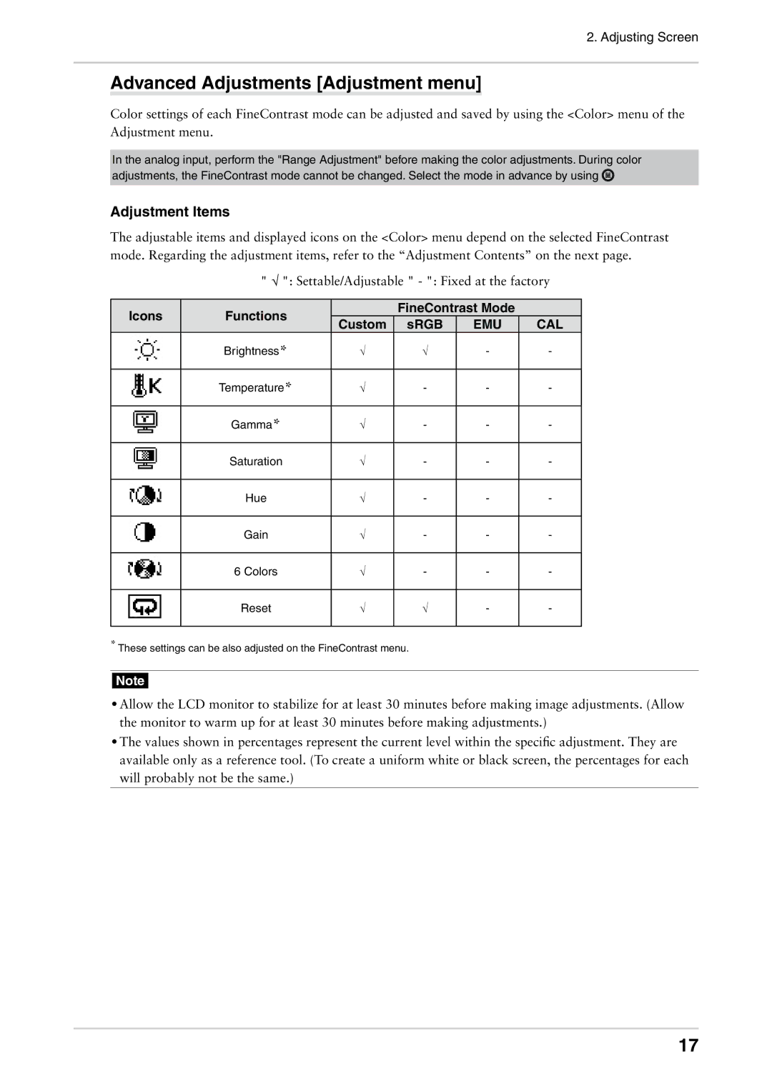 Eizo CG242W user manual Advanced Adjustments Adjustment menu, Icons Functions FineContrast Mode Custom SRGB 