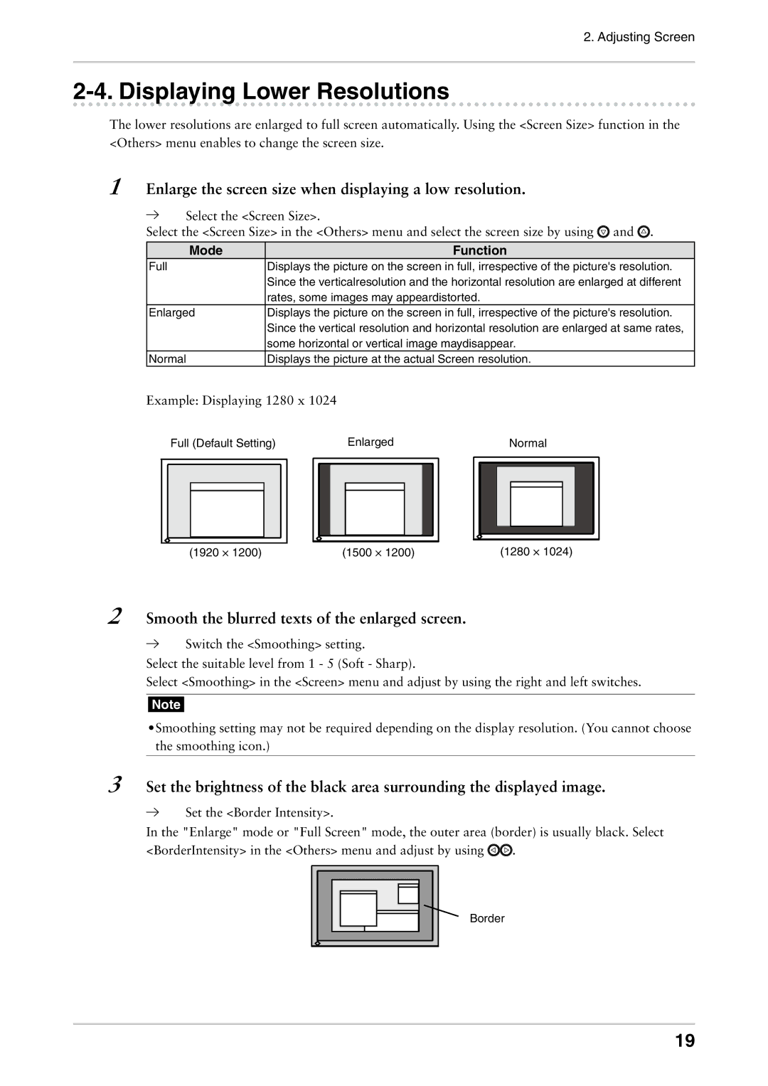 Eizo CG242W user manual Displaying Lower Resolutions, Mode Function 