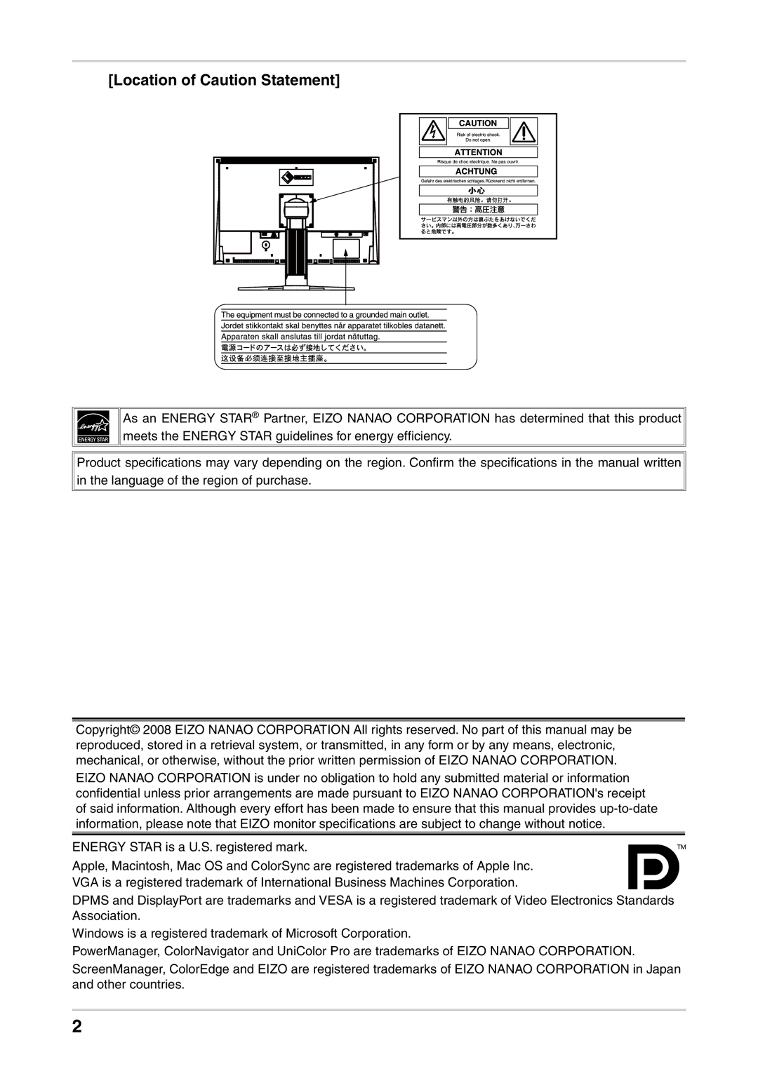 Eizo CG242W user manual Location of Caution Statement 