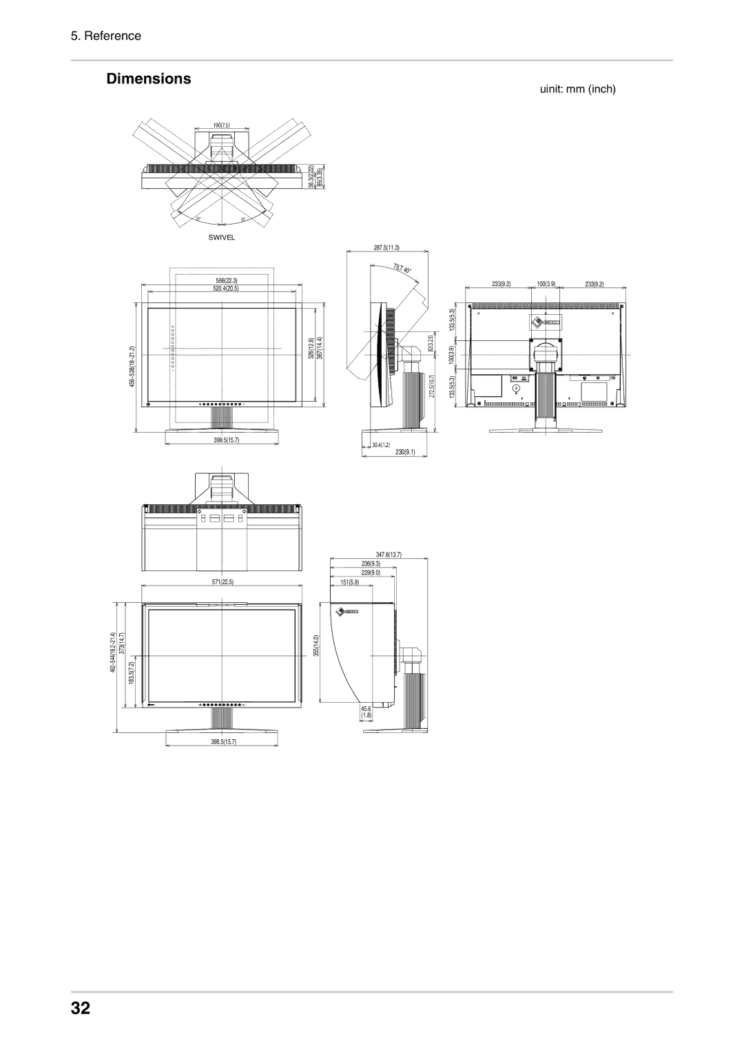 Eizo CG242W user manual Dimensions, Uinit mm inch 