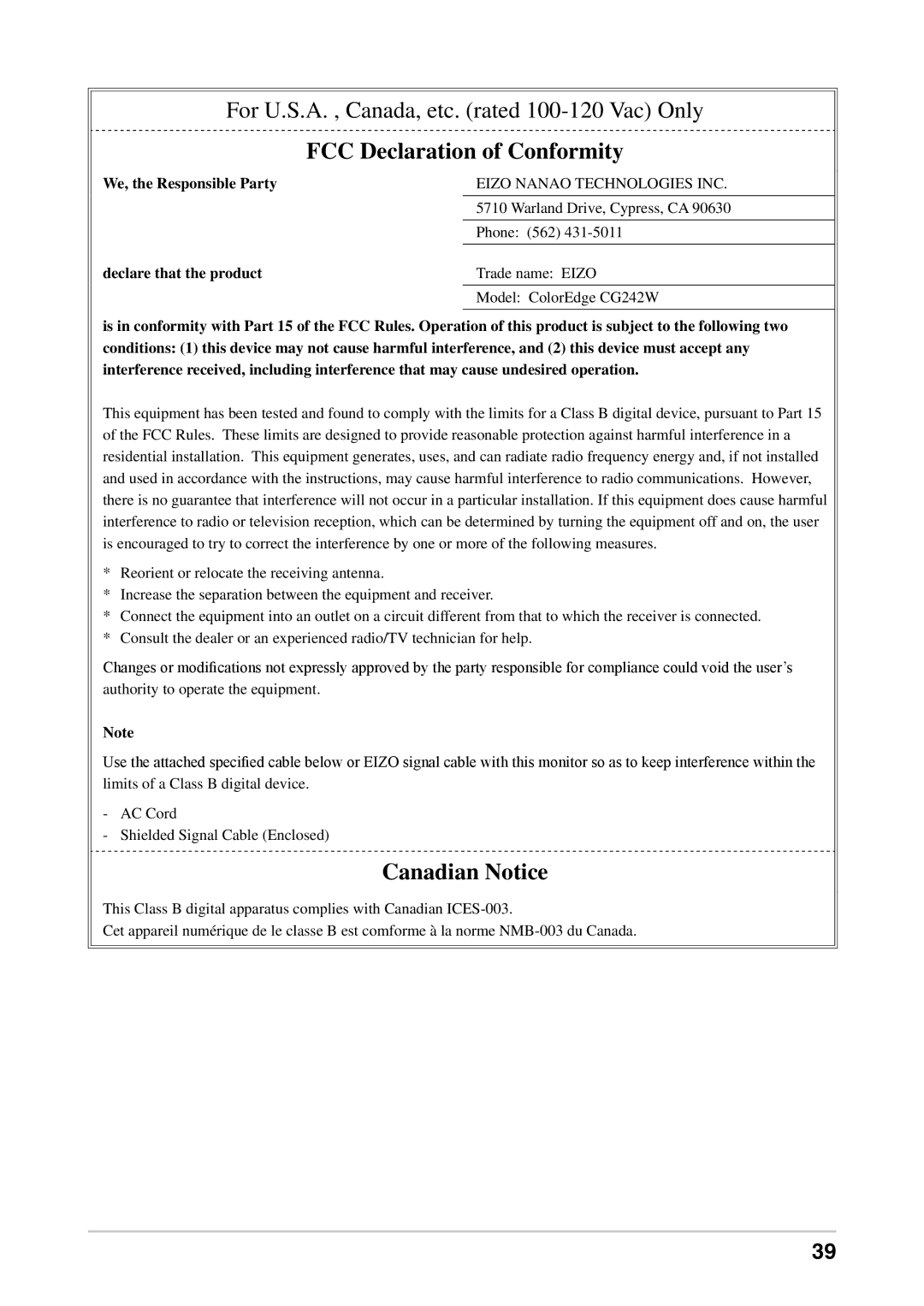 Eizo CG242W user manual FCC Declaration of Conformity 